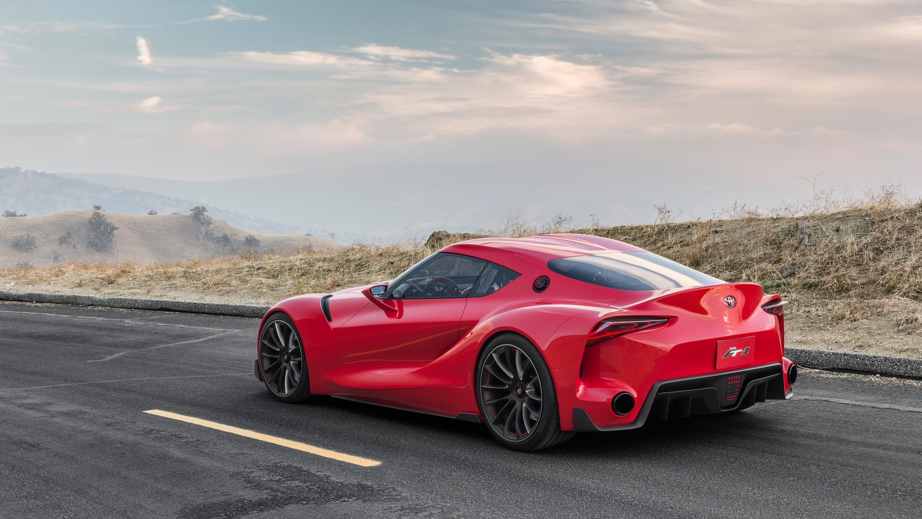 4K, sky, marking, travel, motor vehicle, transportation, cloud - sky, supercars, luxury, red, land vehicle, day, sign, pavement, mountain, Toyota FT-1, HD Wallpaper
