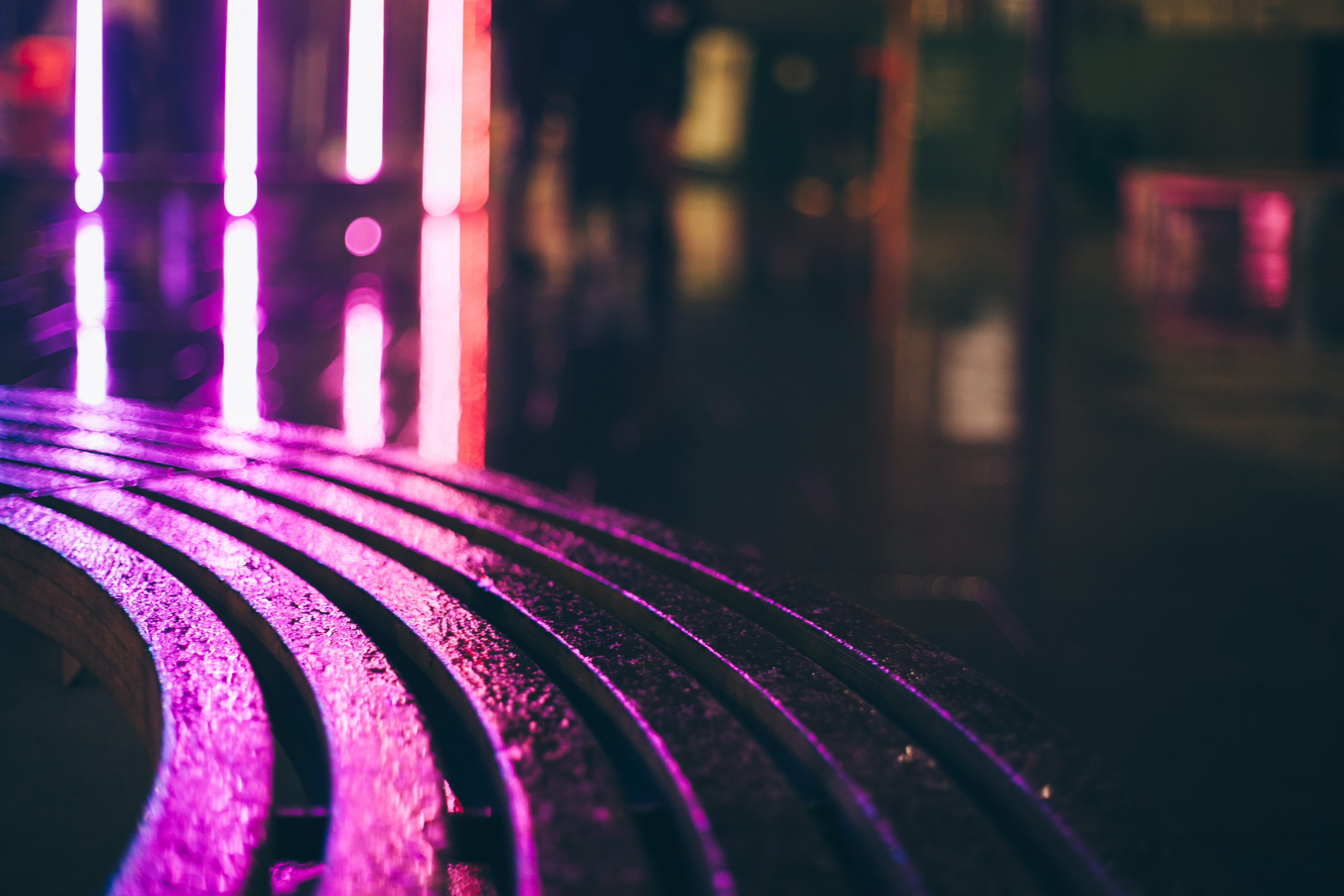 blur, communication, no people, street, timelapse, illuminated, multi colored, magentum, brightly lit, technology, 5K, pink, night, city, close-up, built structure, HD Wallpaper