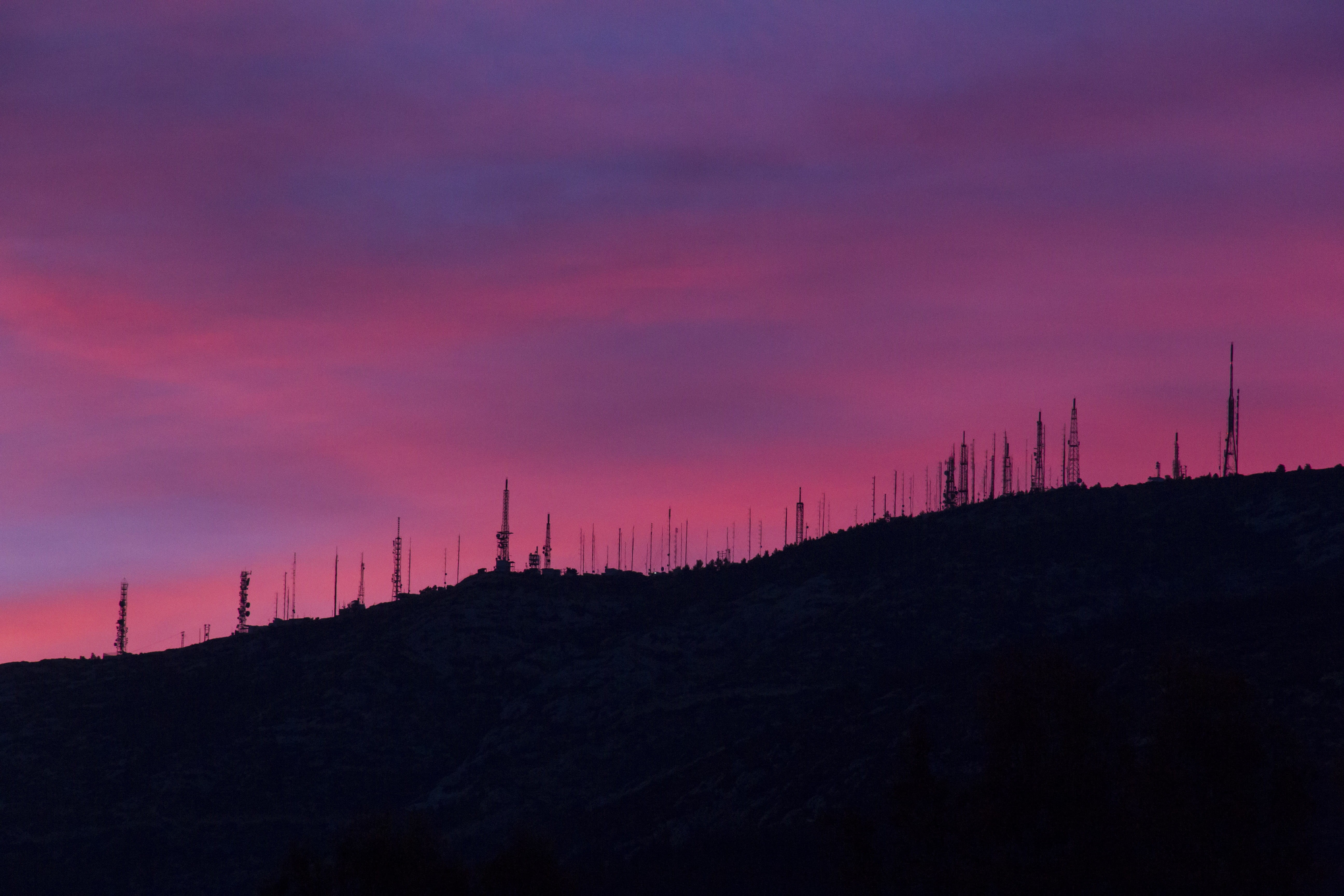 morning, scenics - nature, greece, outdoors, magentum, background, silhouette, pollution, pink color, purple, dawn, tower, night, communication, dark, dramatic sky, HD Wallpaper