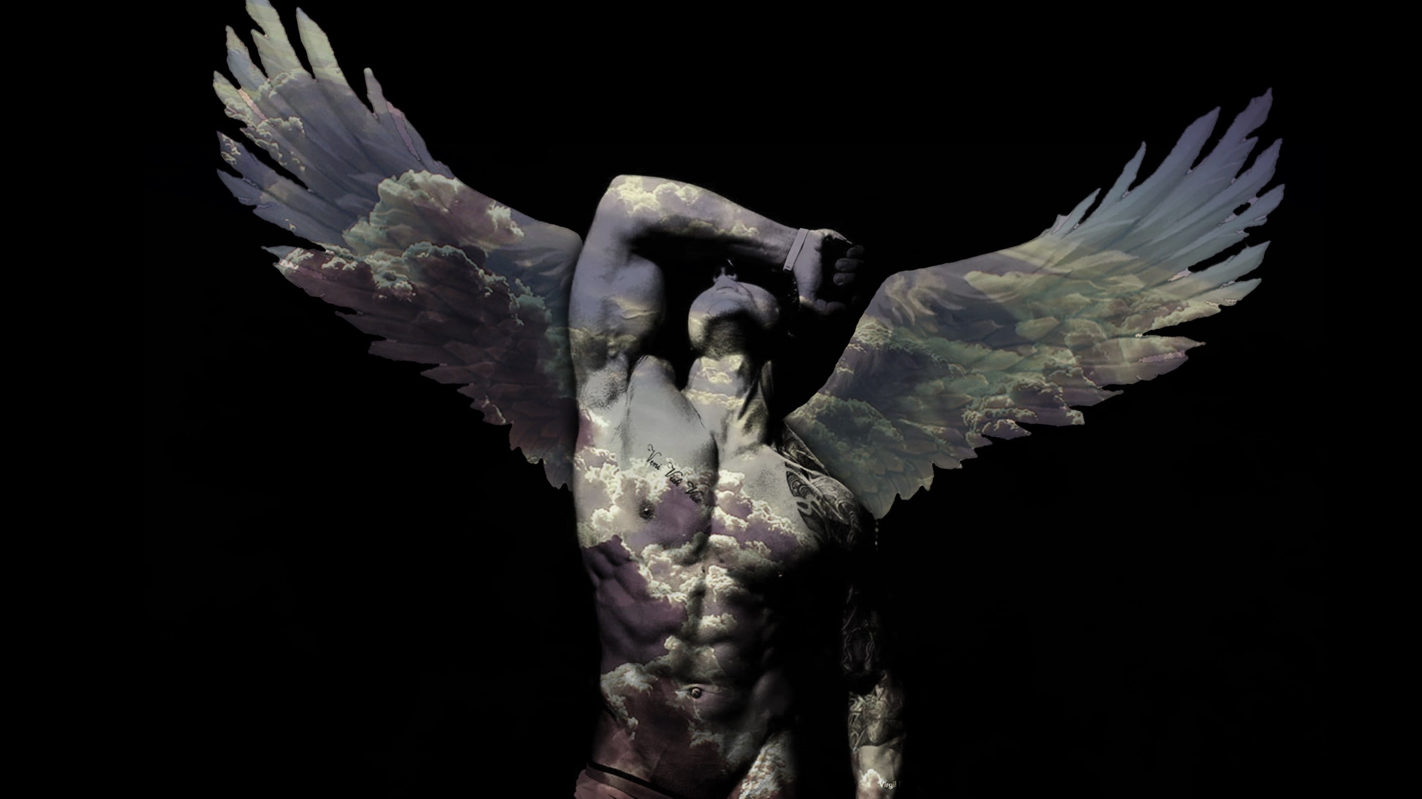 indoors, 2K, close-up, Zyzz Veni Vidi Vici, black background, angel, sculpture, human representation, representation, no people, nature, digital composite, HD Wallpaper