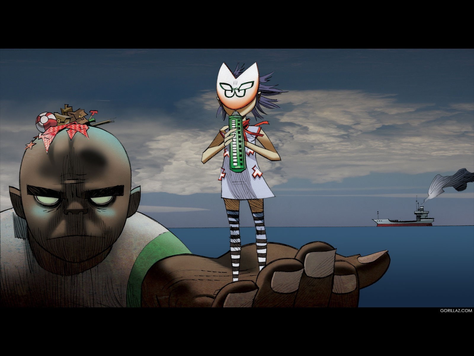 female likeness, sea, nature, horizon over water, horizon, Gorillaz, sky, representation, art and craft, standing, creativity, 720P, front view, one person, HD Wallpaper