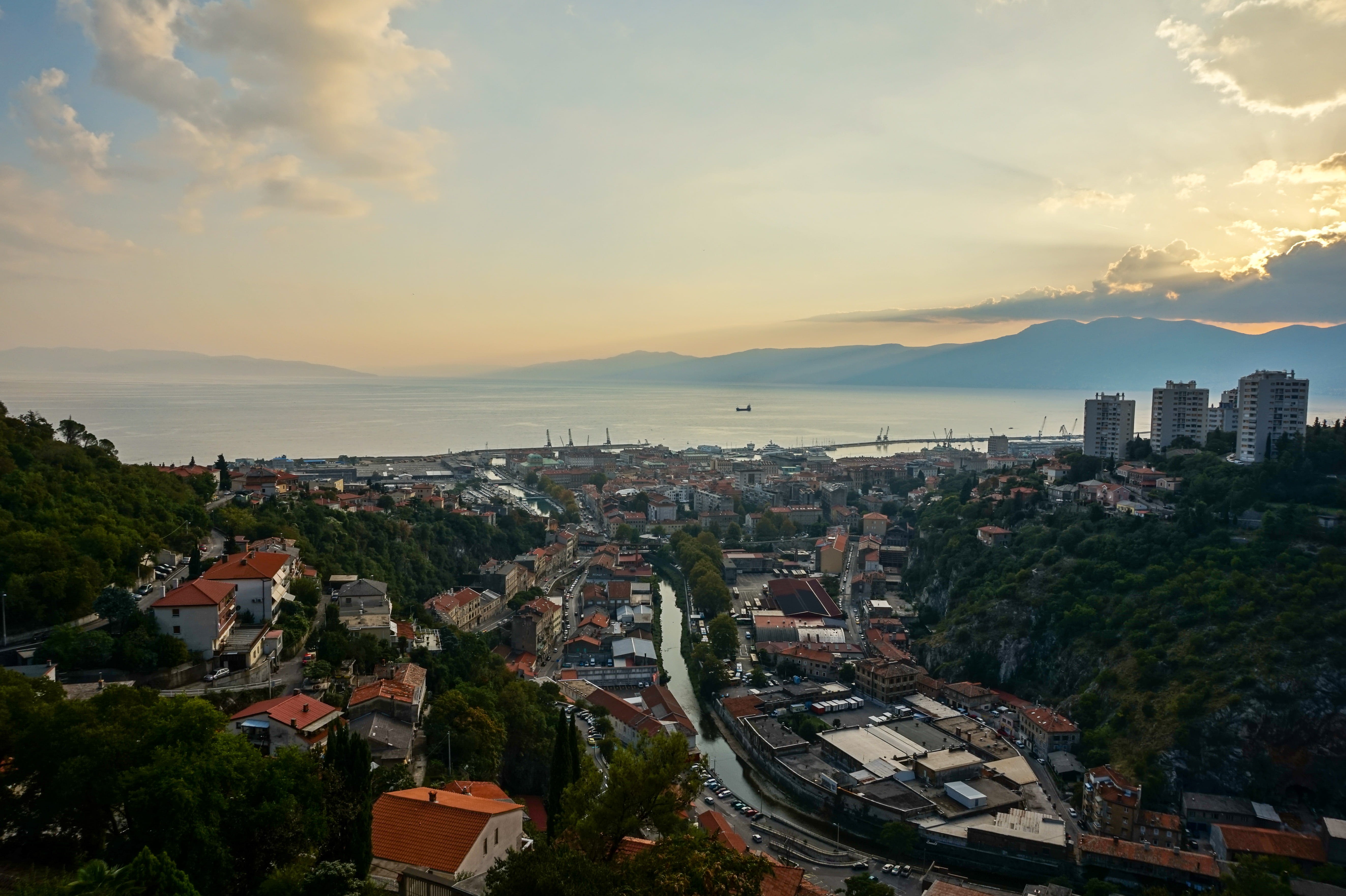 rijeka, office building exterior, built structure, residential district, townscape, outdoors, building exterior, cityscape, building, sunset, croatia, architecture, HD Wallpaper