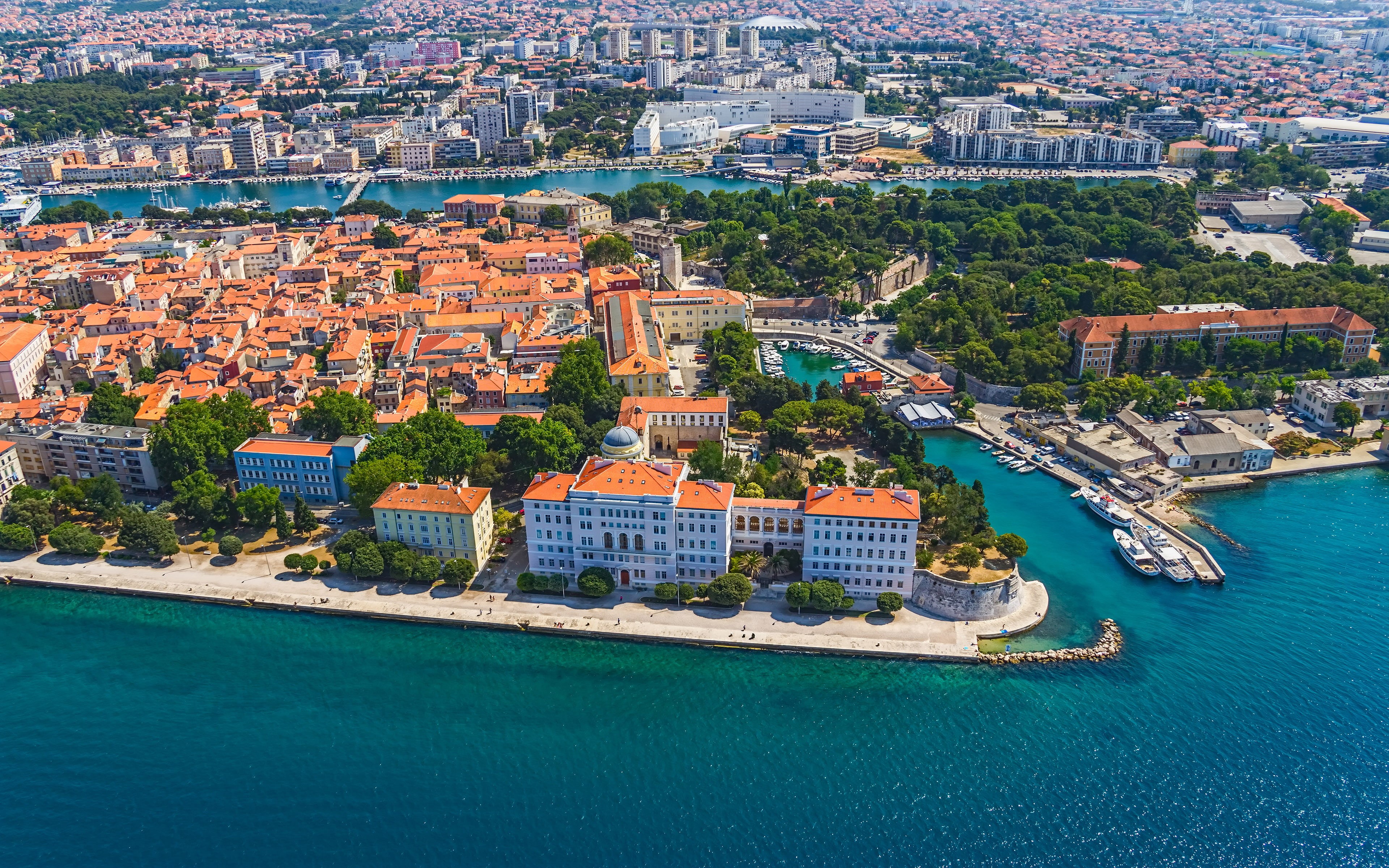 no people, 4K, croatia, zadar, city, nautical vessel, turquoise colored, swimming pool, built structure, sea, travel, outdoors, cruise ship, cityscape, HD Wallpaper