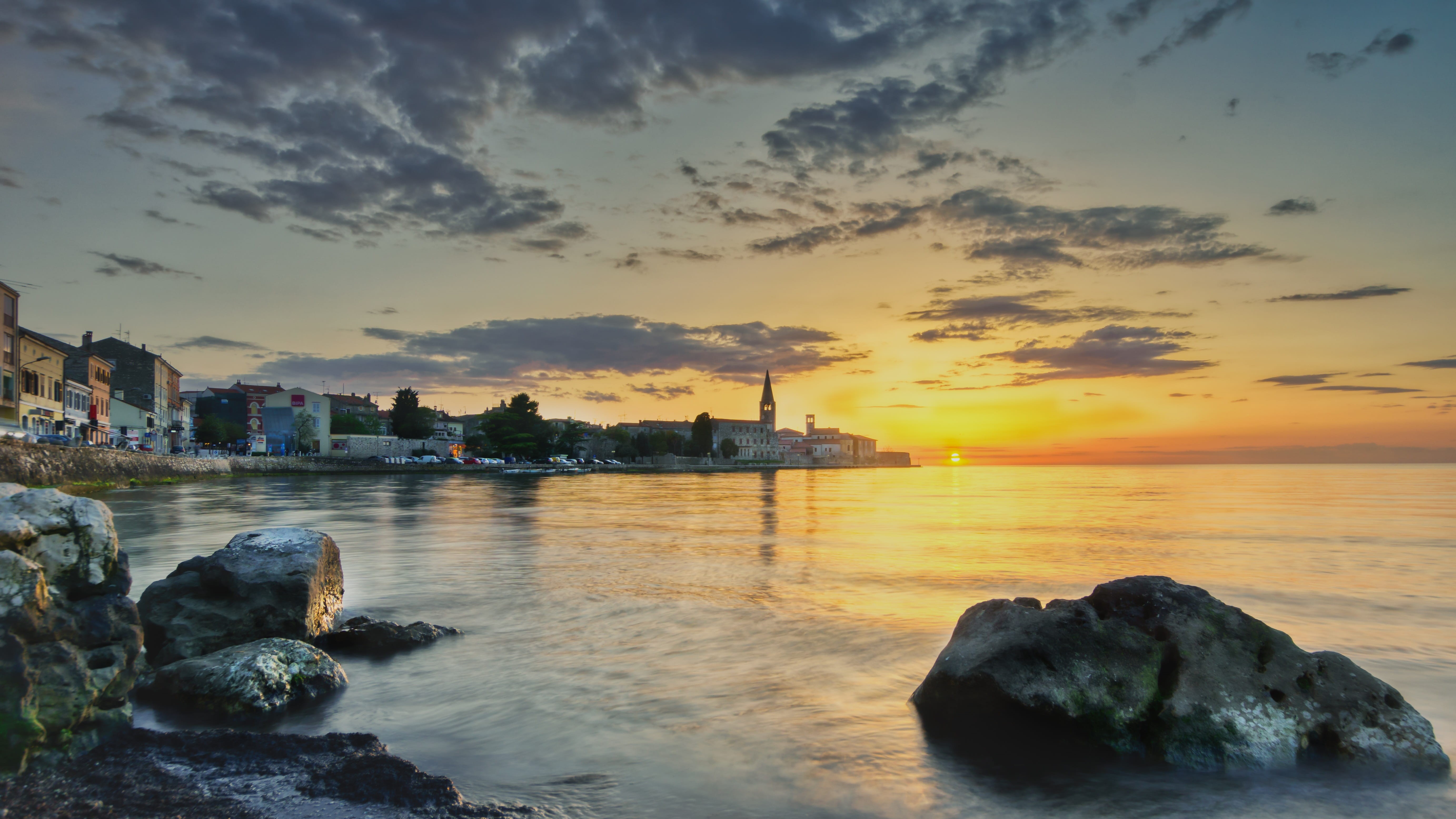 beauty in nature, water, outdoors, solid, idyllic, tranquility, 5K, sky, sunset, croatia, rock - object, building exterior, cloud - sky, no people, scenics - nature, HD Wallpaper