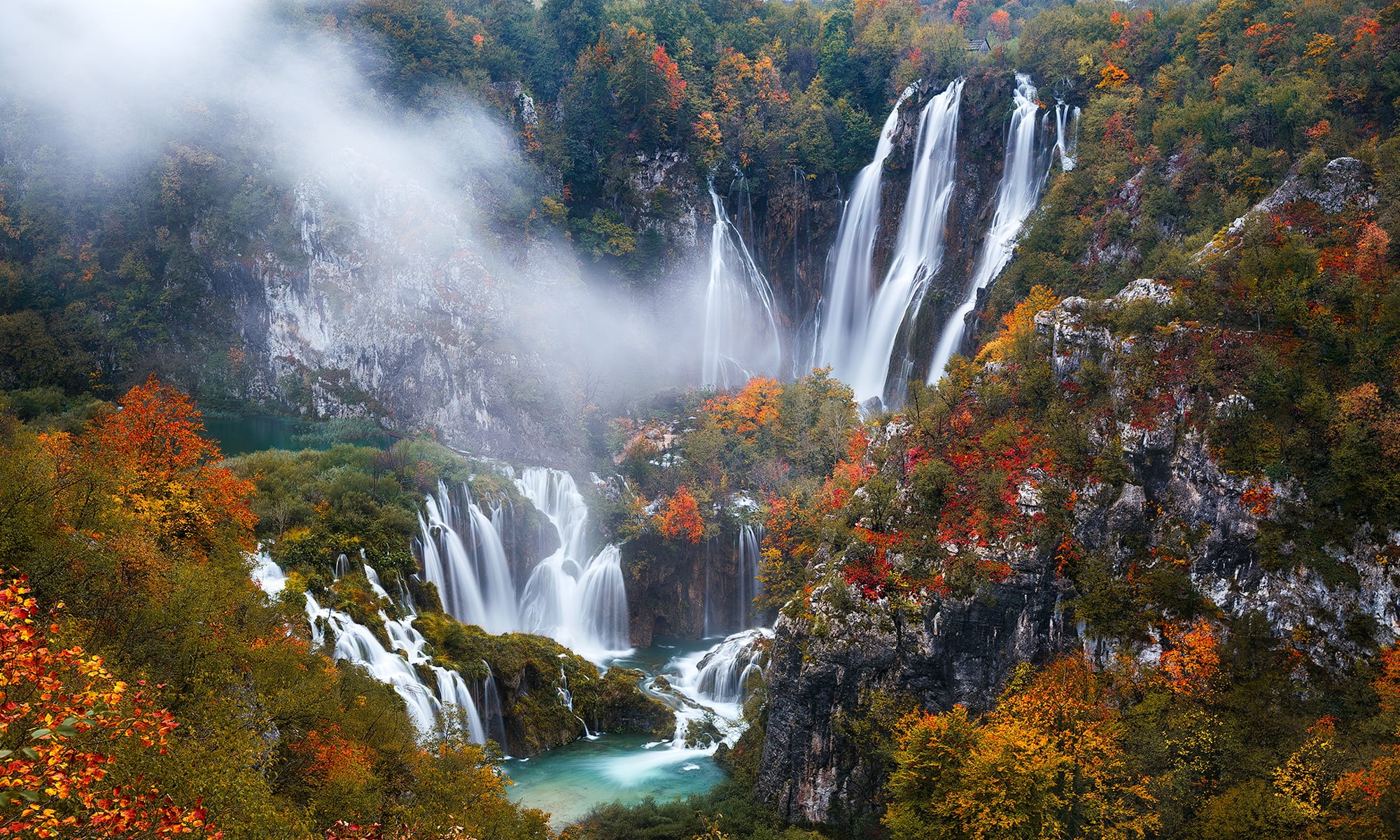 waterfalls, rocks, autumn, Plitvice, 1080P, Croatia, trees, HD Wallpaper