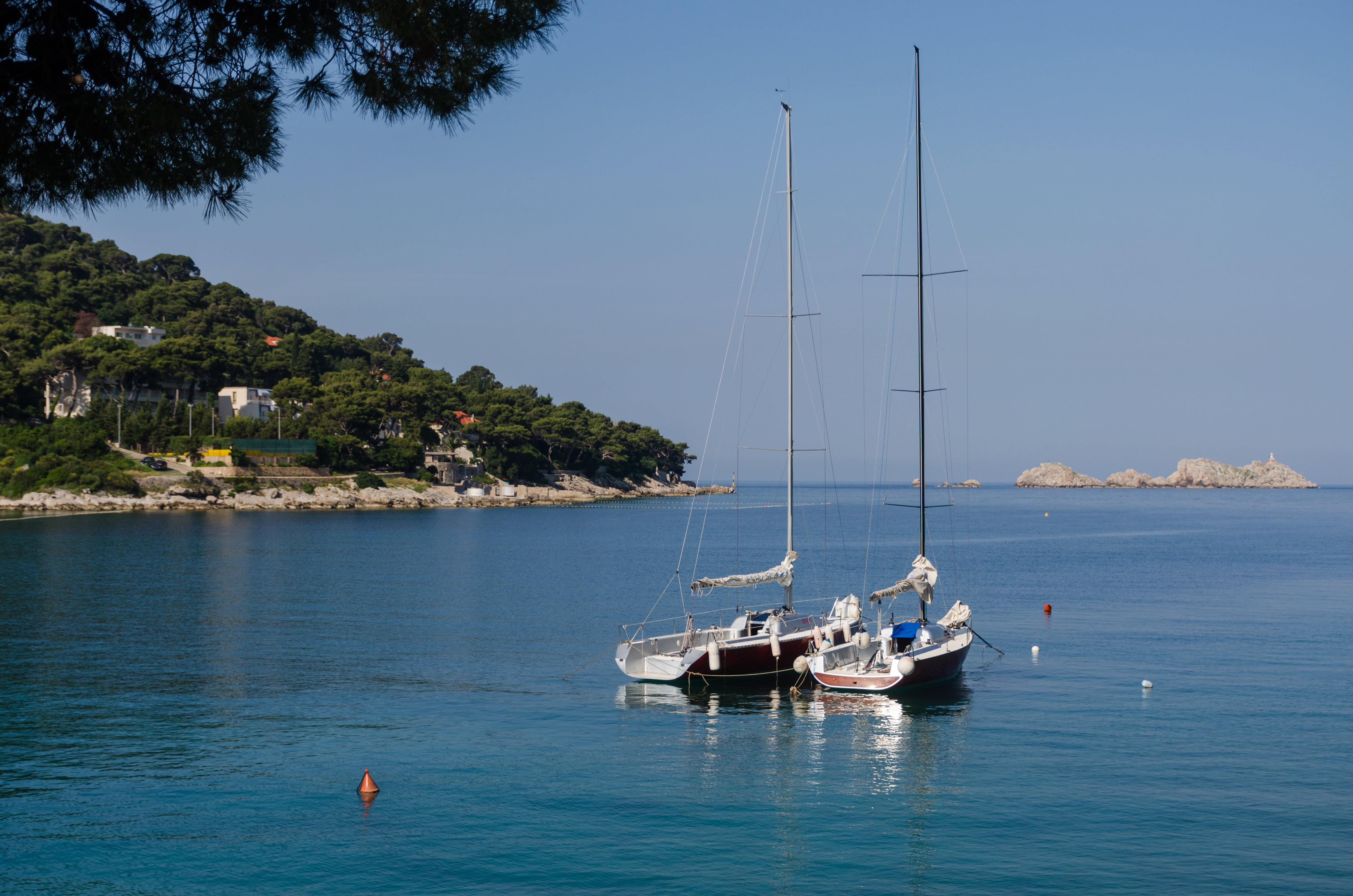 mountain, landscape, sailing, outdoors, waterfront, mast, pole, no people, sea, Croatia, day, water, sky, travel, coast, scenics - nature, 4K, yacht, moored, HD Wallpaper