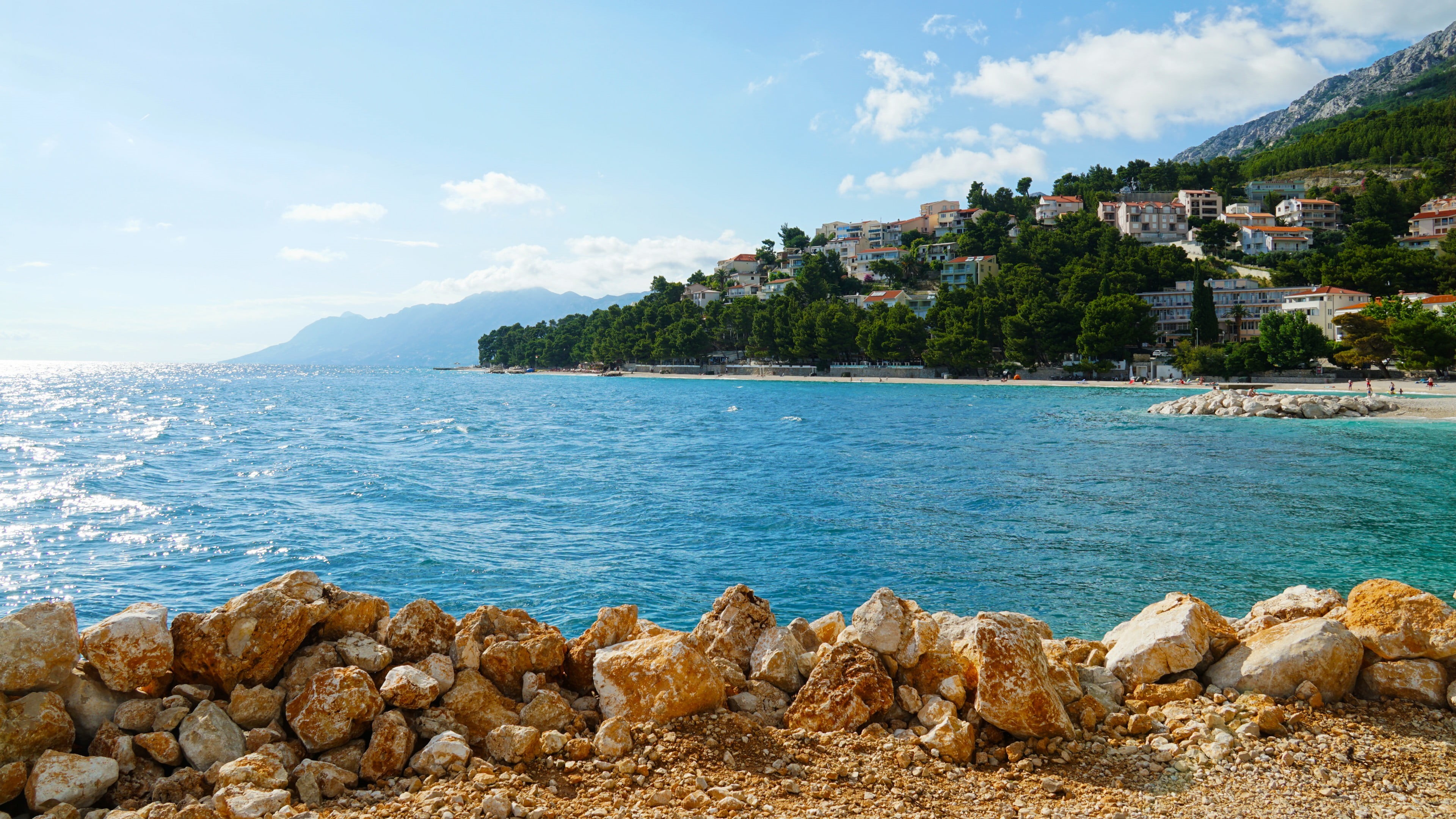 krk island, sea, tree, tranquil scene, mountain, baska, bay, adriatic sea, scenics - nature, day, land, tranquility, cloud - sky, beach, outdoors, rock - object, HD Wallpaper