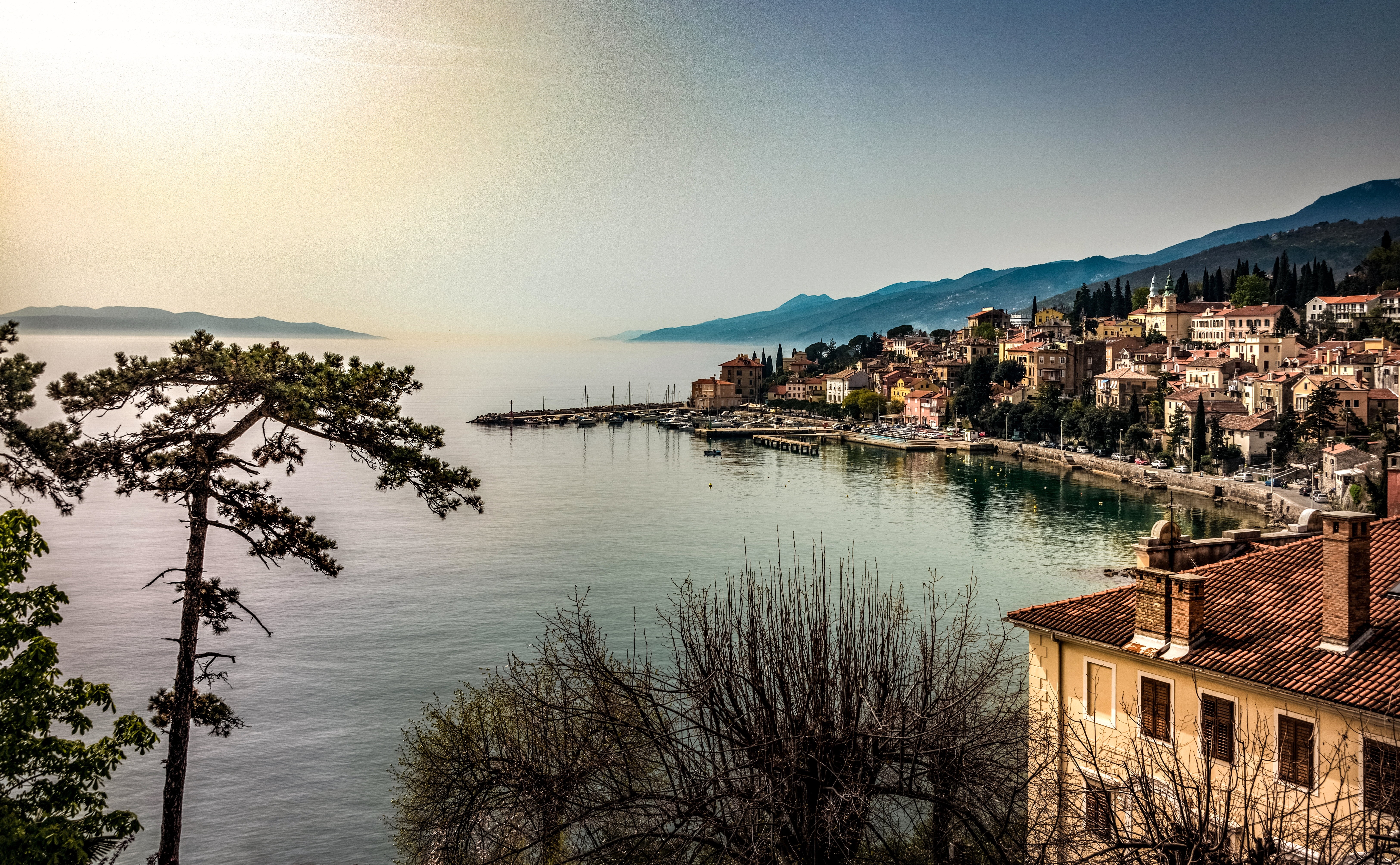 beside, Rijeka, mountain, sky, water, italy, cityscape, sun, shore, sky  landscape, Croatia, waterfront, Adriatic, sea  village, coast, sea, bay, blue, HD Wallpaper