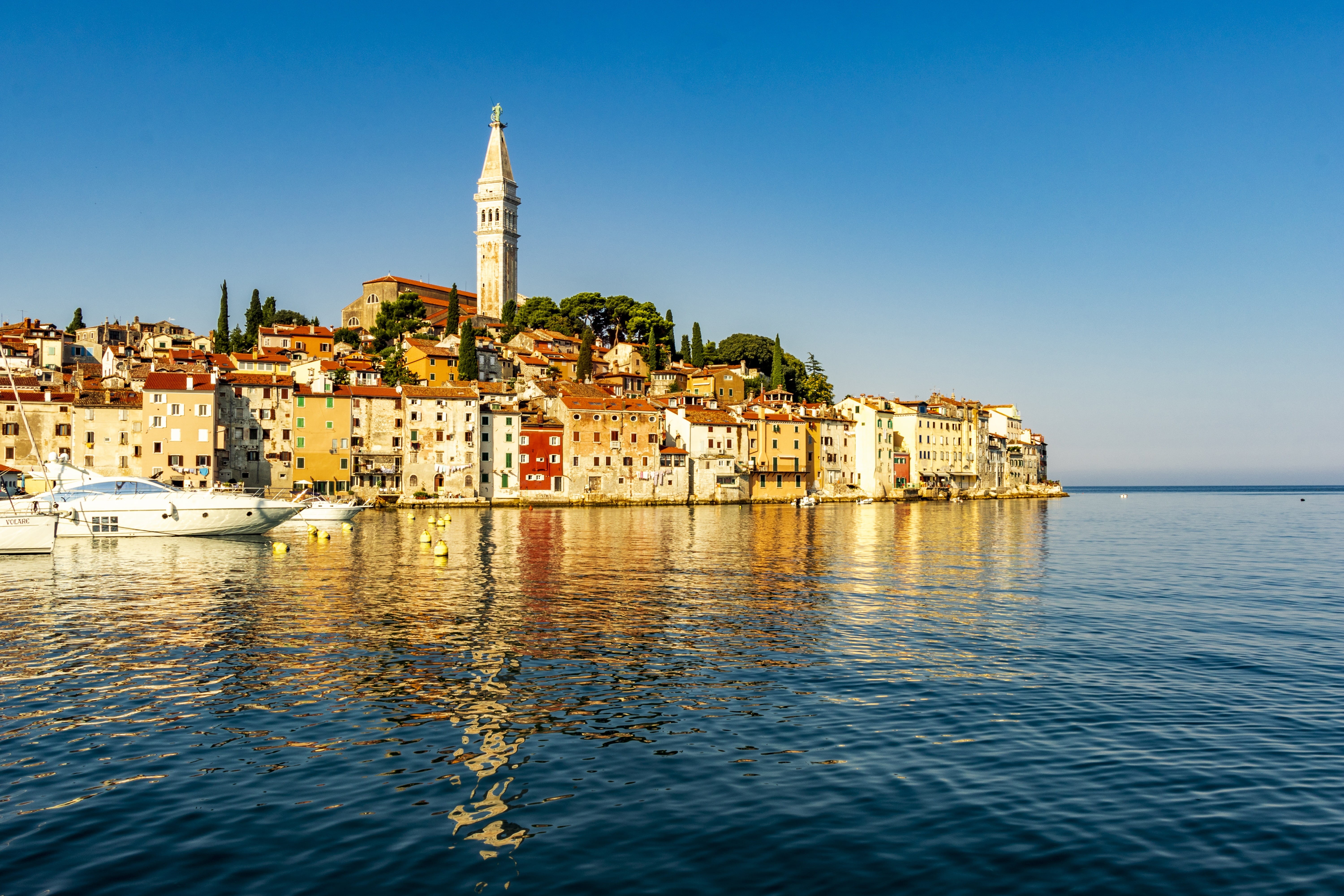 5K, port, nature, building exterior, spirituality, rovinj, no people, sea, view, outdoors, sky, croatia, place of worship, day, building, clear sky, nautical vessel, HD Wallpaper