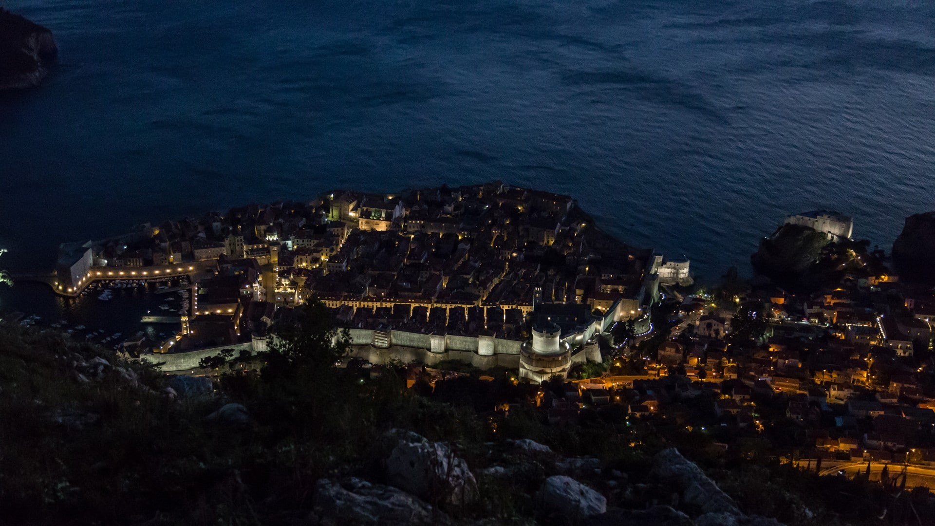 1080P, Dubrovnik, city lights, sea, night, HD Wallpaper