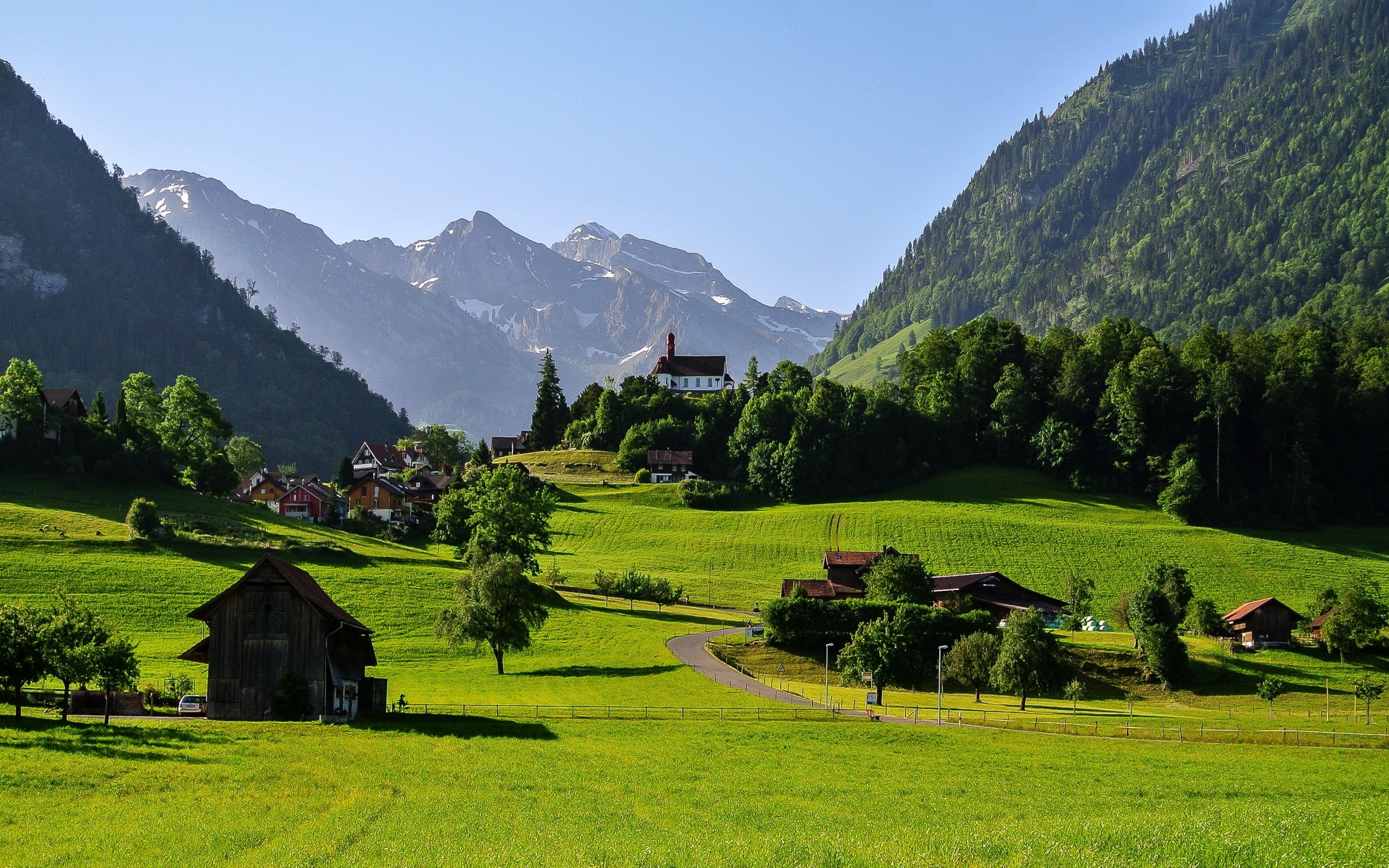 scenery, flueli, nature, grasslands, switzerland, houses, mountains, trees, cities, 2K, HD Wallpaper