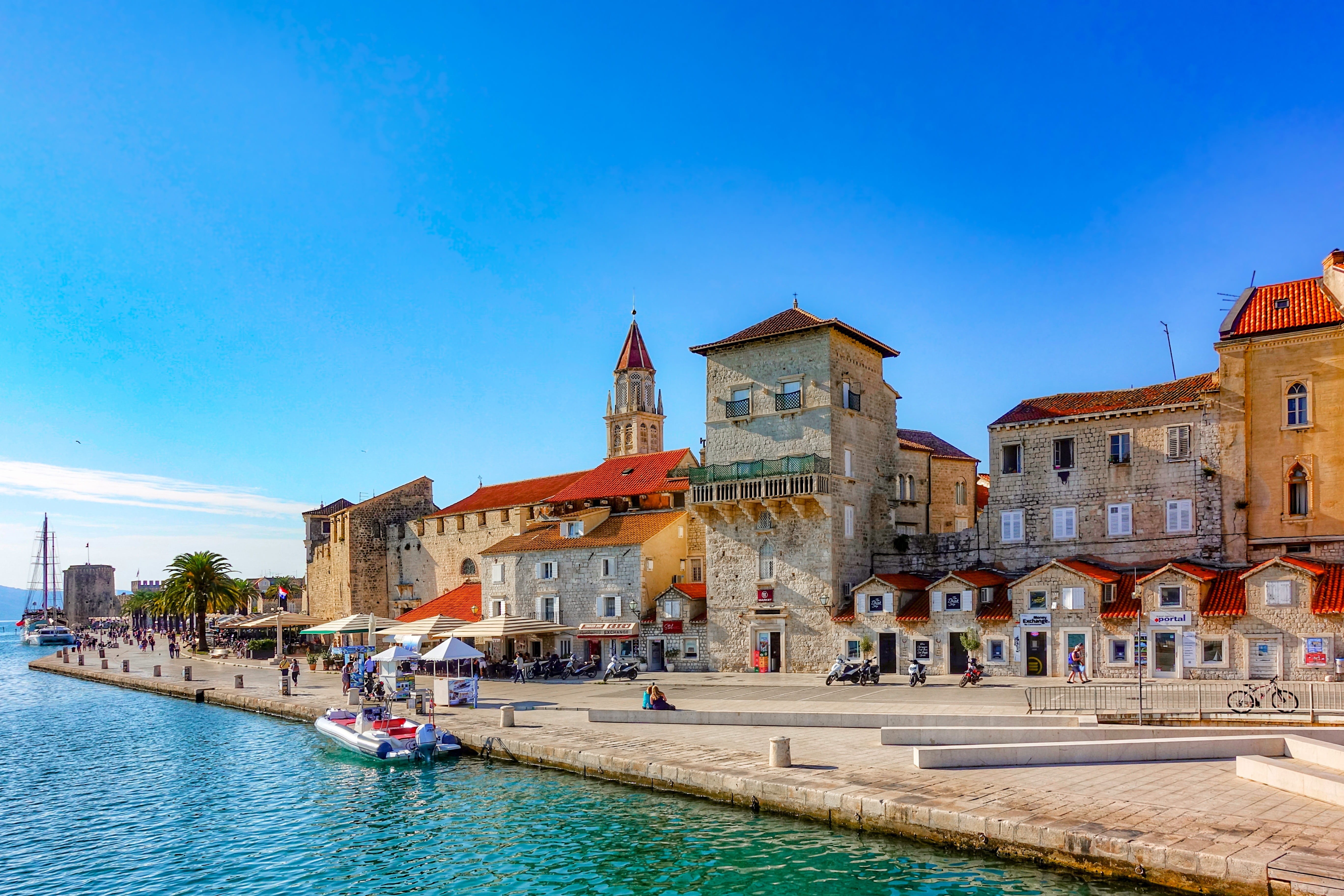 blue, city, building exterior, croatia, travel destinations, summer, group of people, outdoors, real people, port, adriatic sea, trogir, tourism, 5K, sky, HD Wallpaper