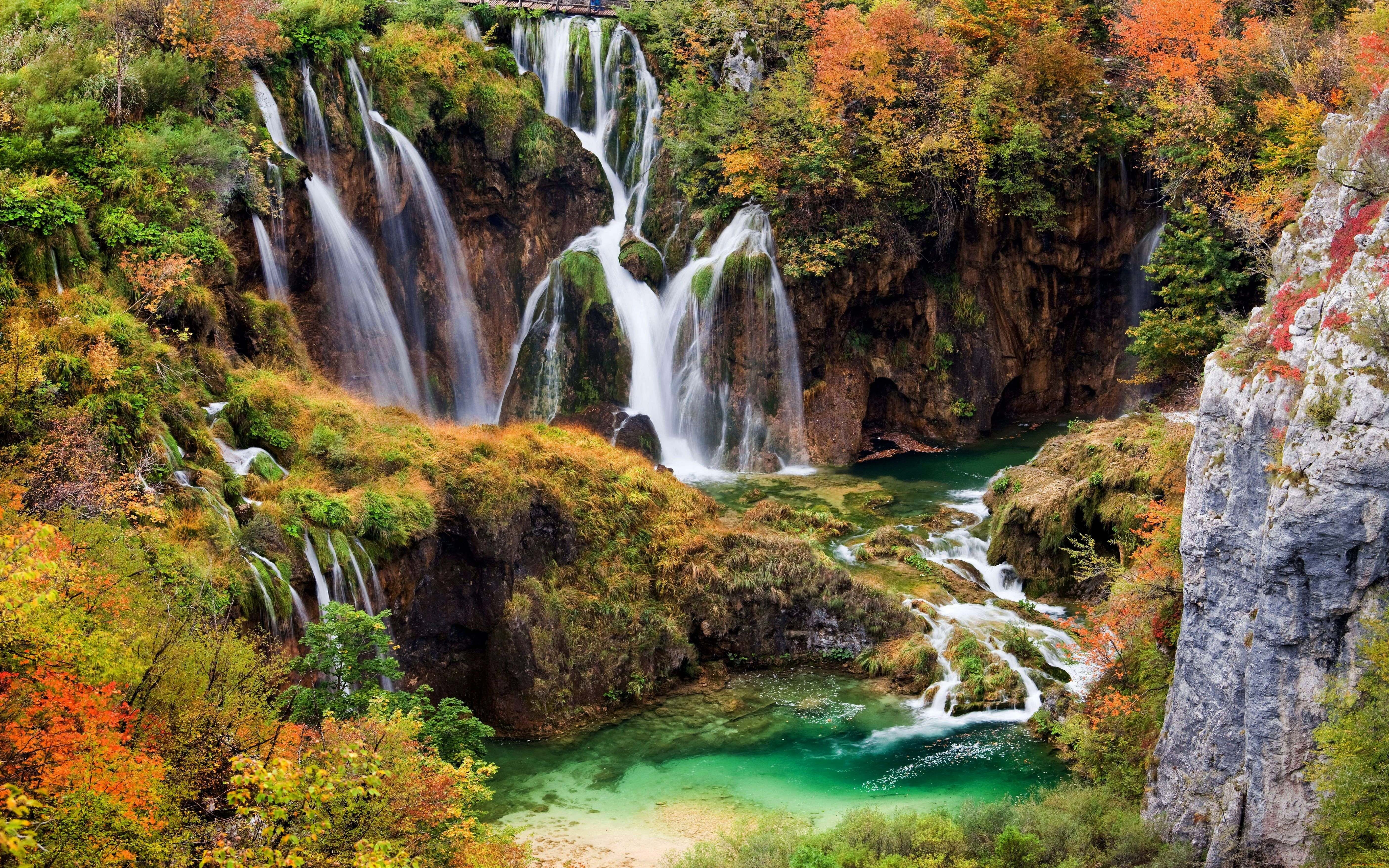 waterfall, falling water, power in nature, desktop, national, rock, non-urban scene, blurred motion, autumn, plitvice, tree, rainforest, croatia, HD Wallpaper