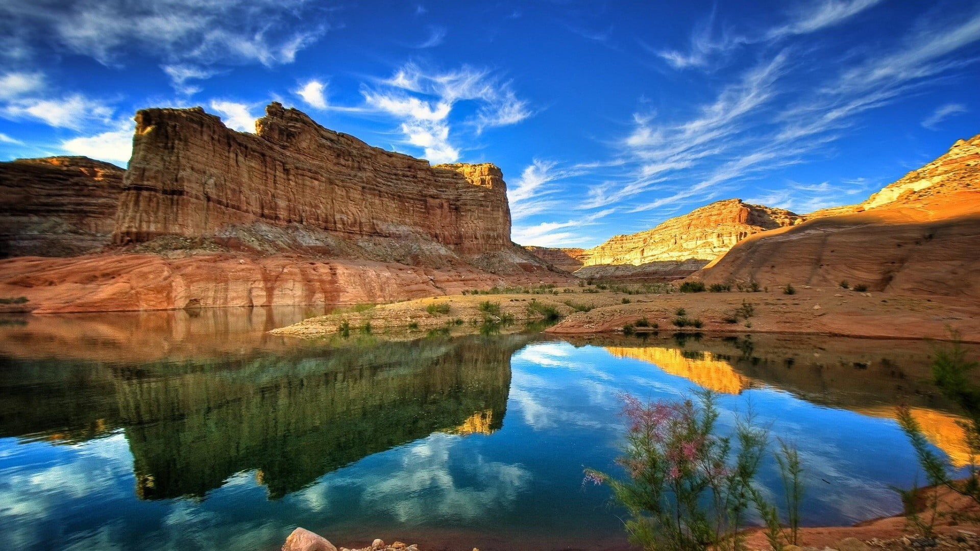 lake, environment, leafed, green, outdoors, rock formation, 1080P, sky, formation, clouds, eroded, rock, non-urban scene, reflection, HDR, water, tranquil scene, HD Wallpaper