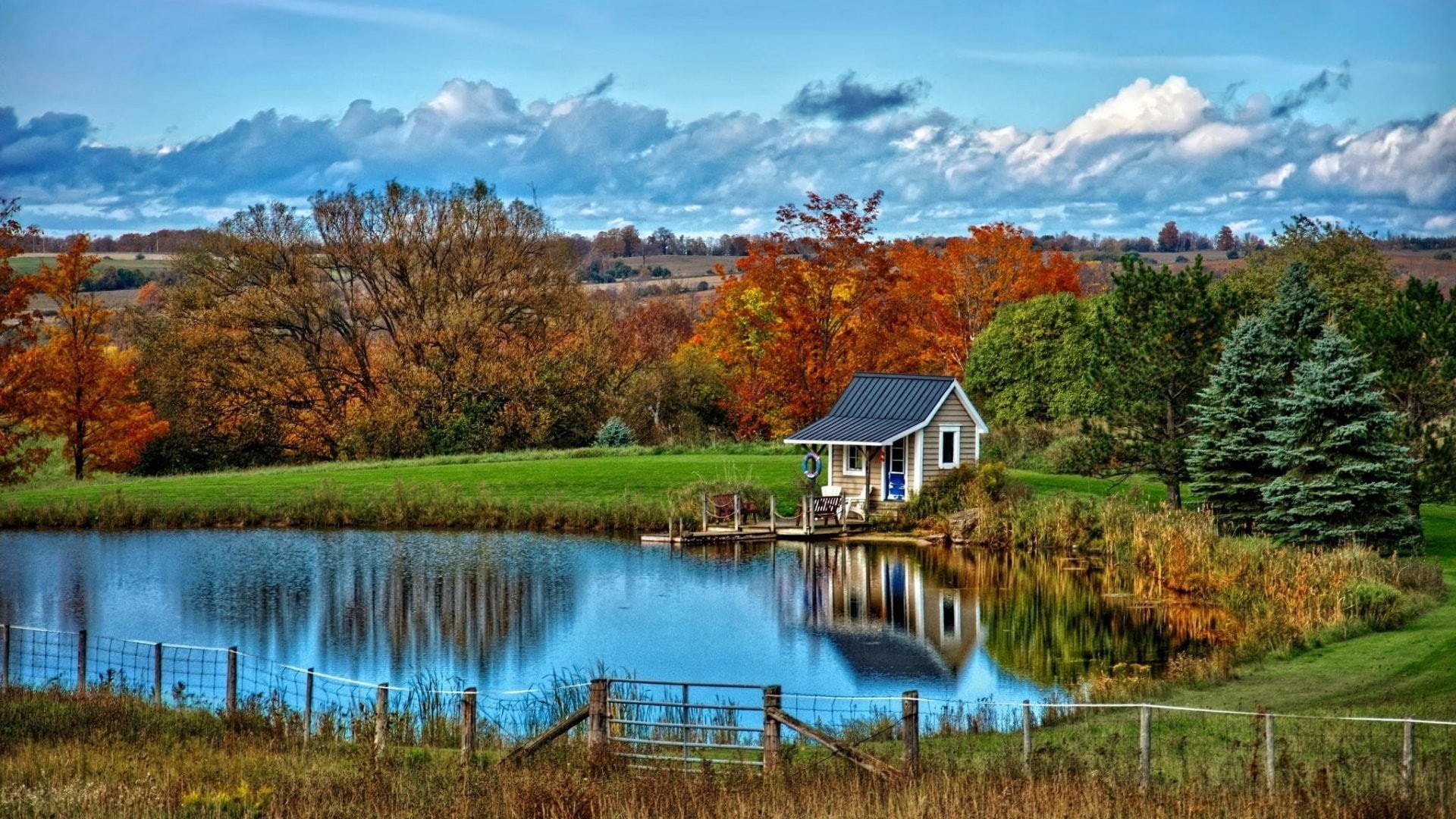 no people, architecture, tranquil scene, autumn, landscape, tranquility, sky, house, scenics - nature, day, 1080P, plant, tree, built structure, beauty in nature, HD Wallpaper