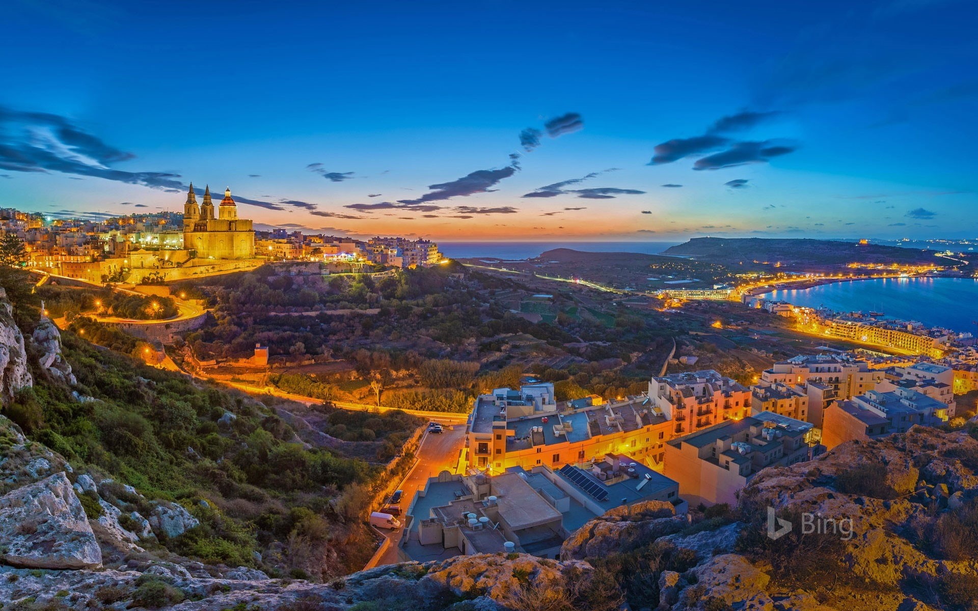 building, 1080P, dusk, travel destinations, view, blue, mountain, desktop, scenics - nature, sunset, cityscape, mellieha, malta, nature, illuminated, HD Wallpaper
