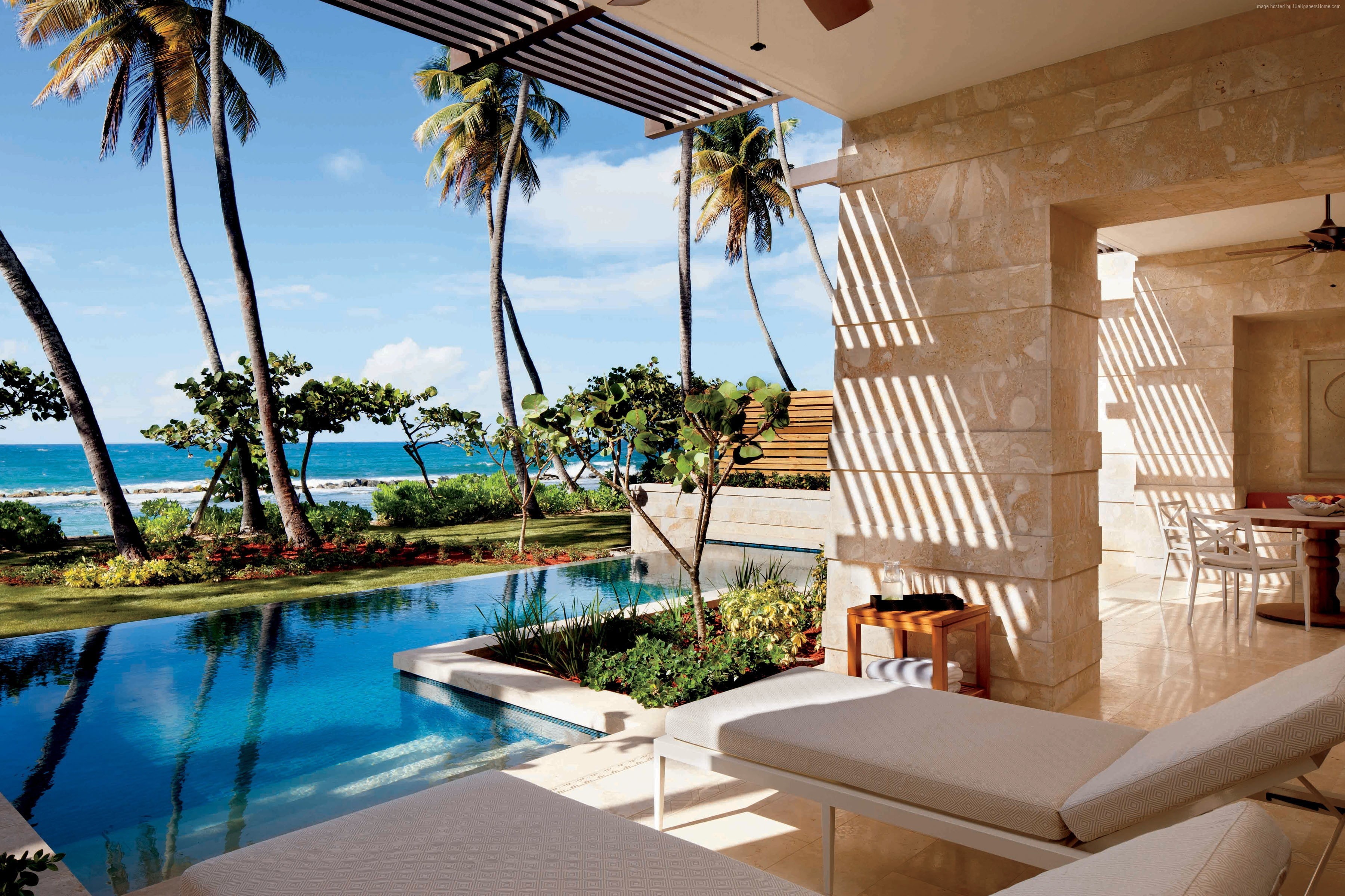 sunbed, vacation, Dorado, palms, 2K, pool, The best hotel pools 2017, Puerto Rico, travel, tourism, resort, Ritz-Carlton Reserve, HD Wallpaper