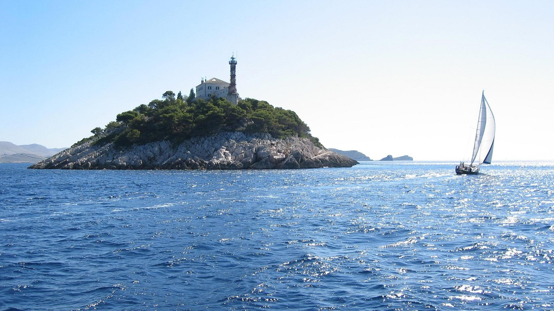 blue, sail, adriatic, croatia, white, lighthouse, boat, 3d and abstra, island, jadran, black, hrvatska, kornati, 1080P, ocean, HD Wallpaper