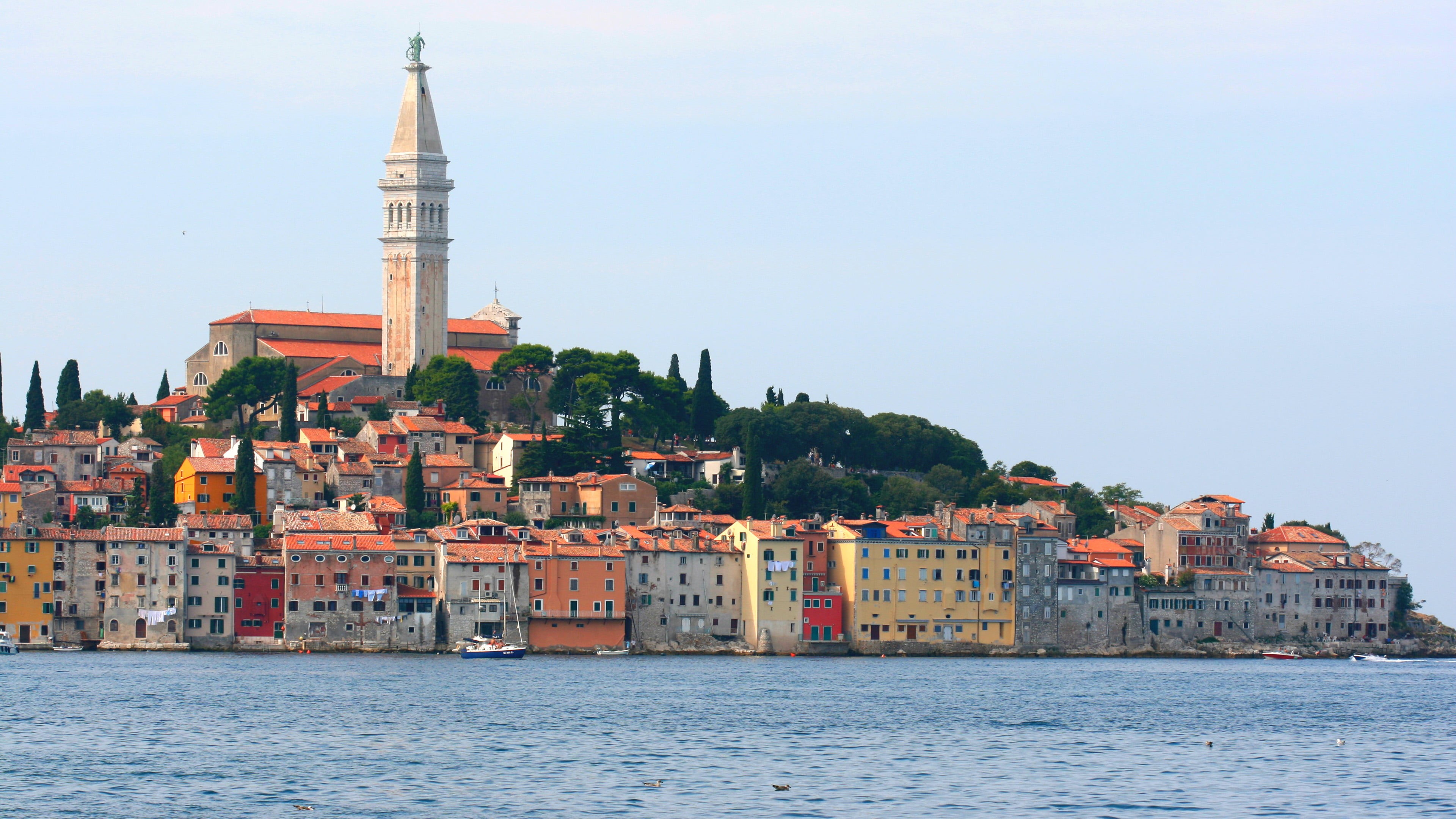 nature, building exterior, rovinj, day, tower, europe, religion, town, sky, spirituality, water, cityscape, no people, adriatic, waterfront, city, shore, HD Wallpaper