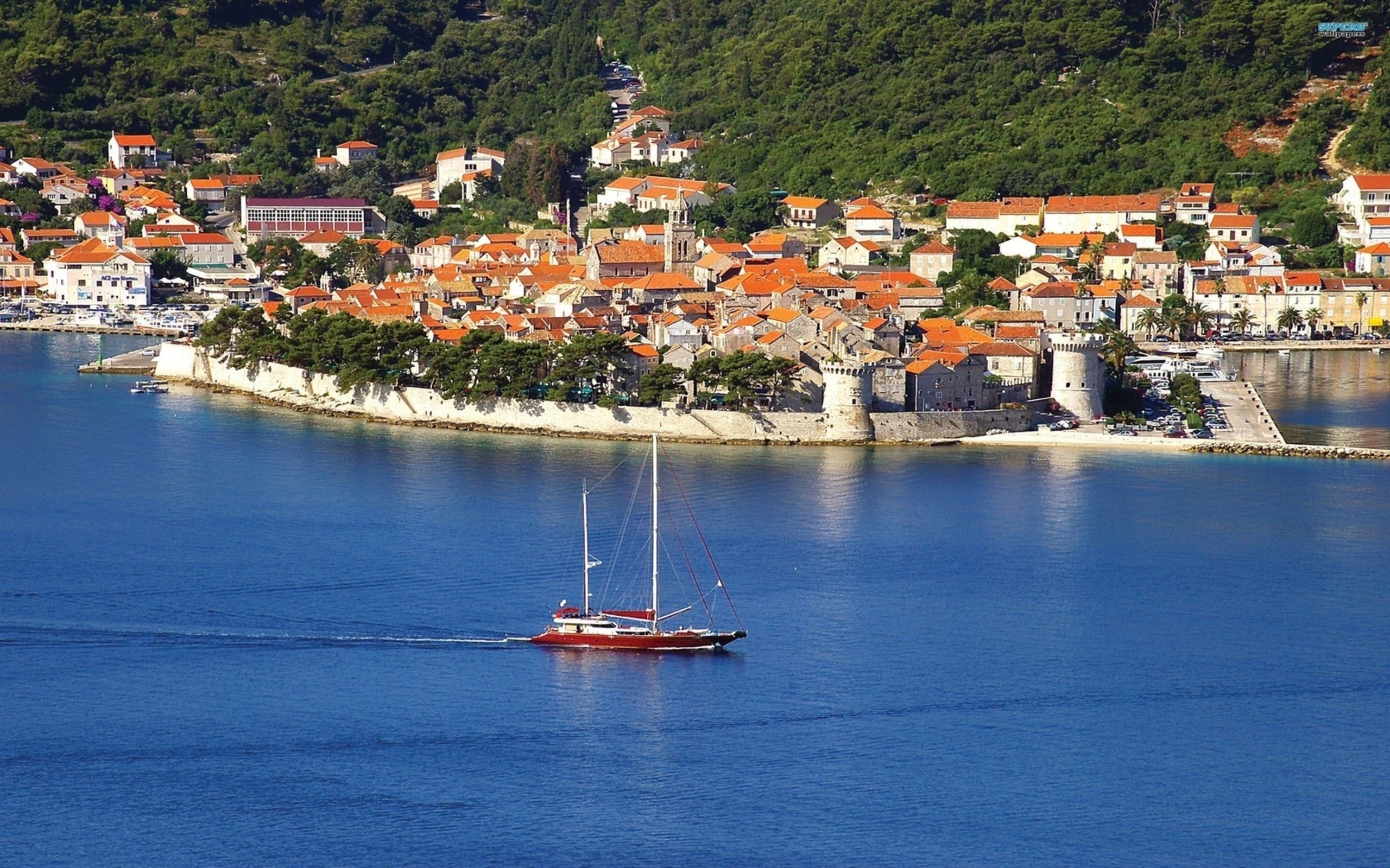 cityscape, 2K, Croatia, sea, vacation, summer, Korčula, yacht, HD Wallpaper