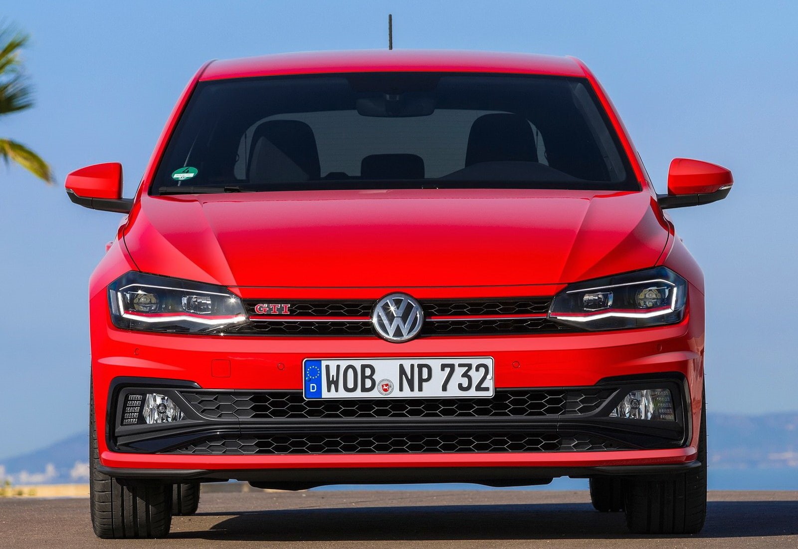 front view, (2018), 720P, city, land vehicle, no people, motor vehicle, number, security, transportation, mode of transportation, red, volkswagen, gti, HD Wallpaper