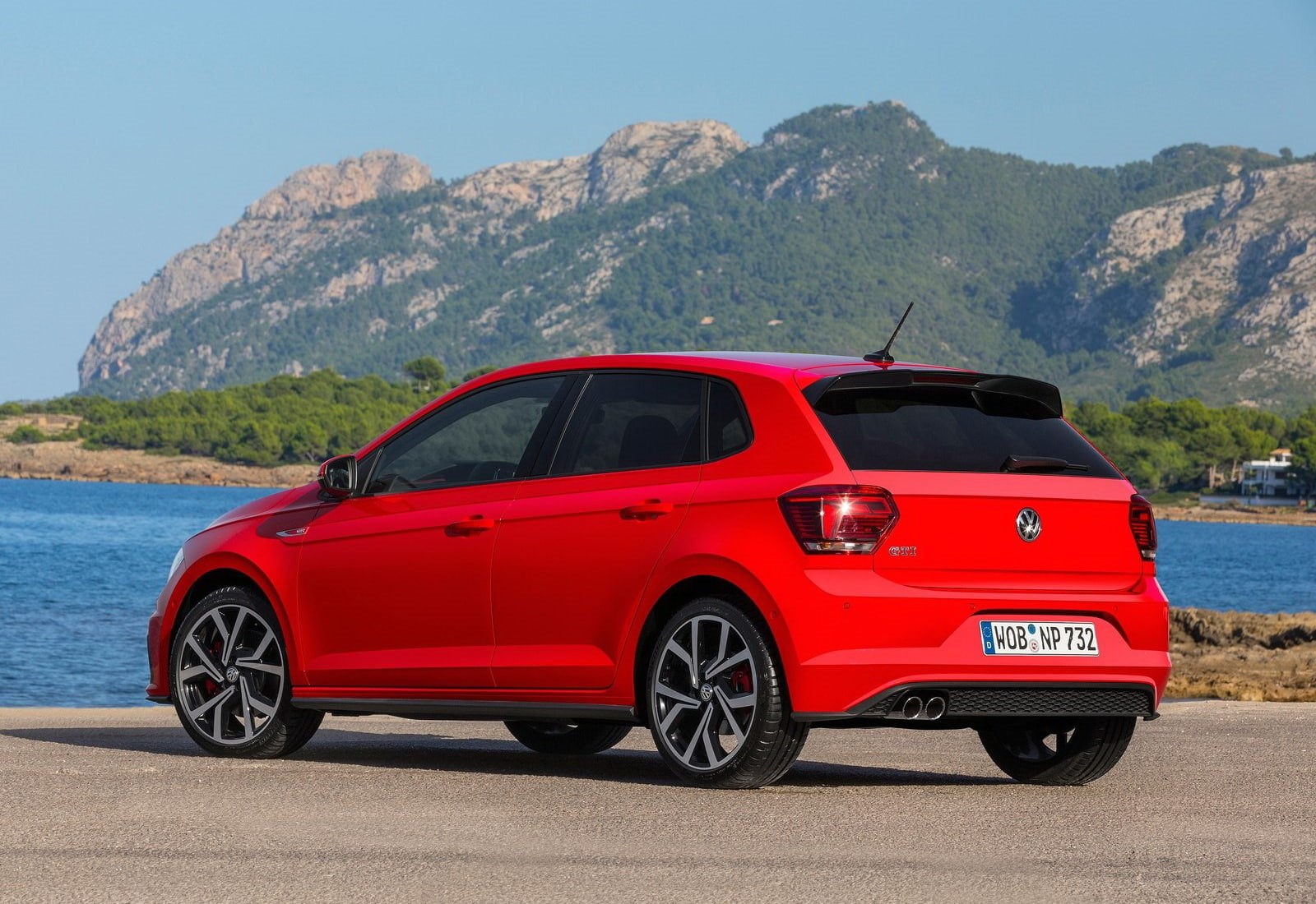road, day, sky, no people, red, (2018), land vehicle, mountain range, land, transportation, sea, mountain, water, motor vehicle, volkswagen, car, gti, nature, HD Wallpaper