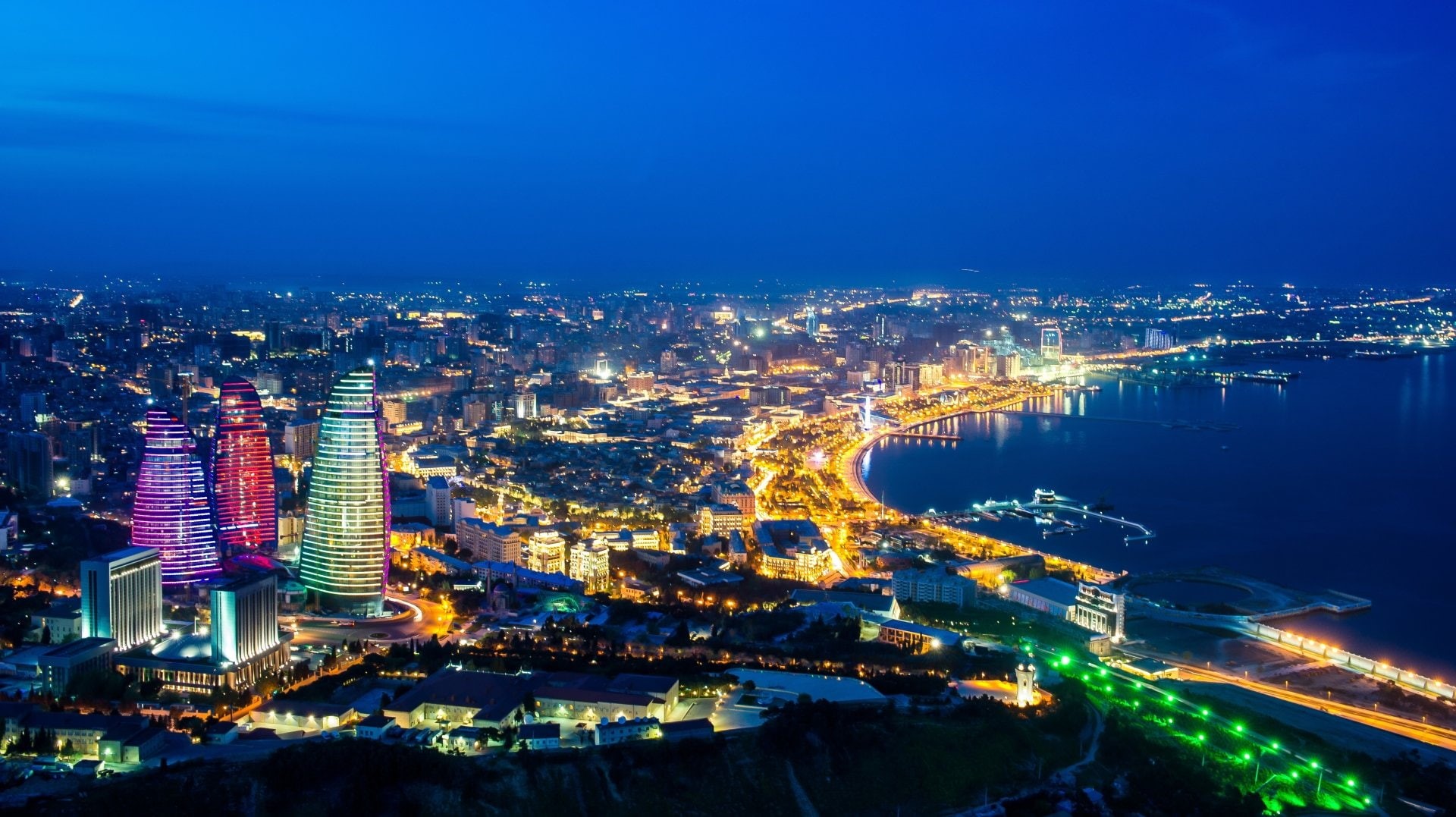 1080P, Baku, Panorama, Night, Cities, Flame Towers, Azerbaijan, HD Wallpaper
