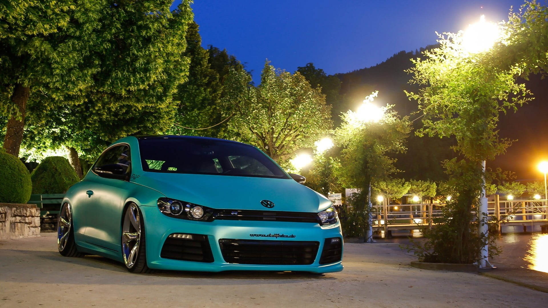 tree, road, street, city, volkswagen, transportation, car, motor vehicle, volkswagen scirocco, illuminated, blue, plant, luxury, stationary, retro styled, HD Wallpaper