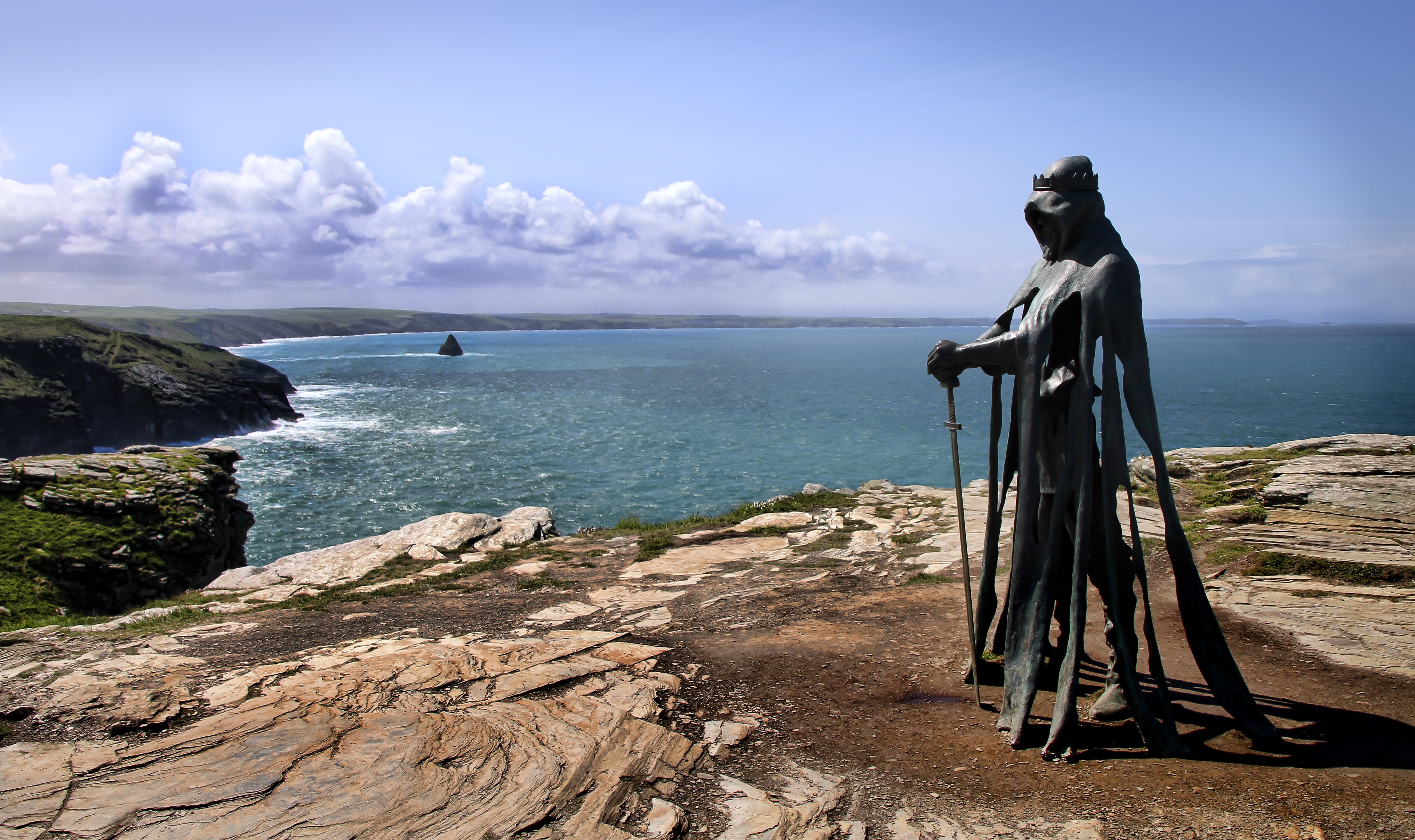 beauty in nature, monument, sage, artus, water, tintagel, tranquil scene, knight, statue, sea, landscape, tourism, 5K, horizon over water, sky, land, art and craft, HD Wallpaper