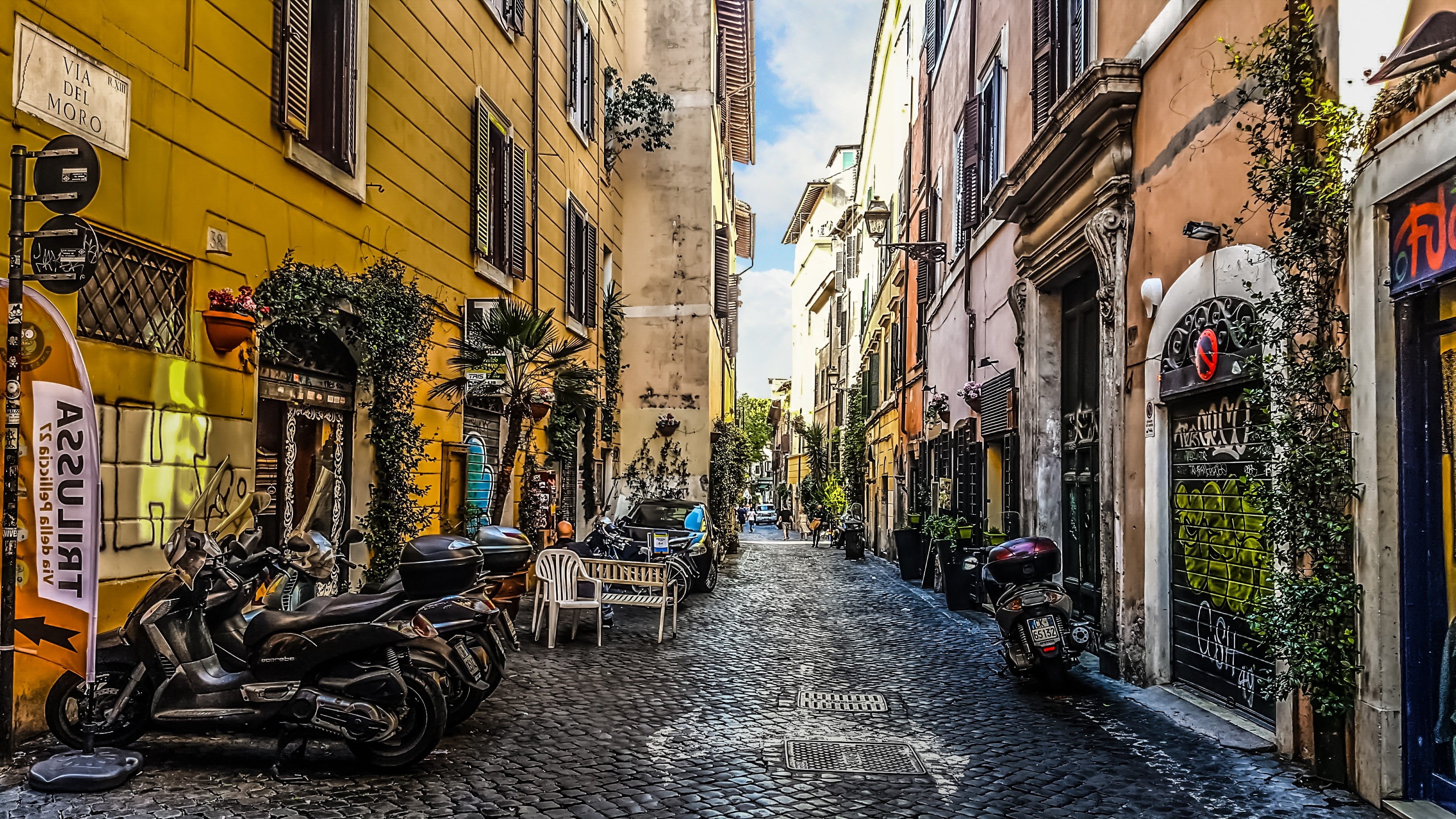 direction, beside, destination, Rome, painting, urban, scooters, incidental people, residential district, old, italian, Journey, transportation, alley, HD Wallpaper