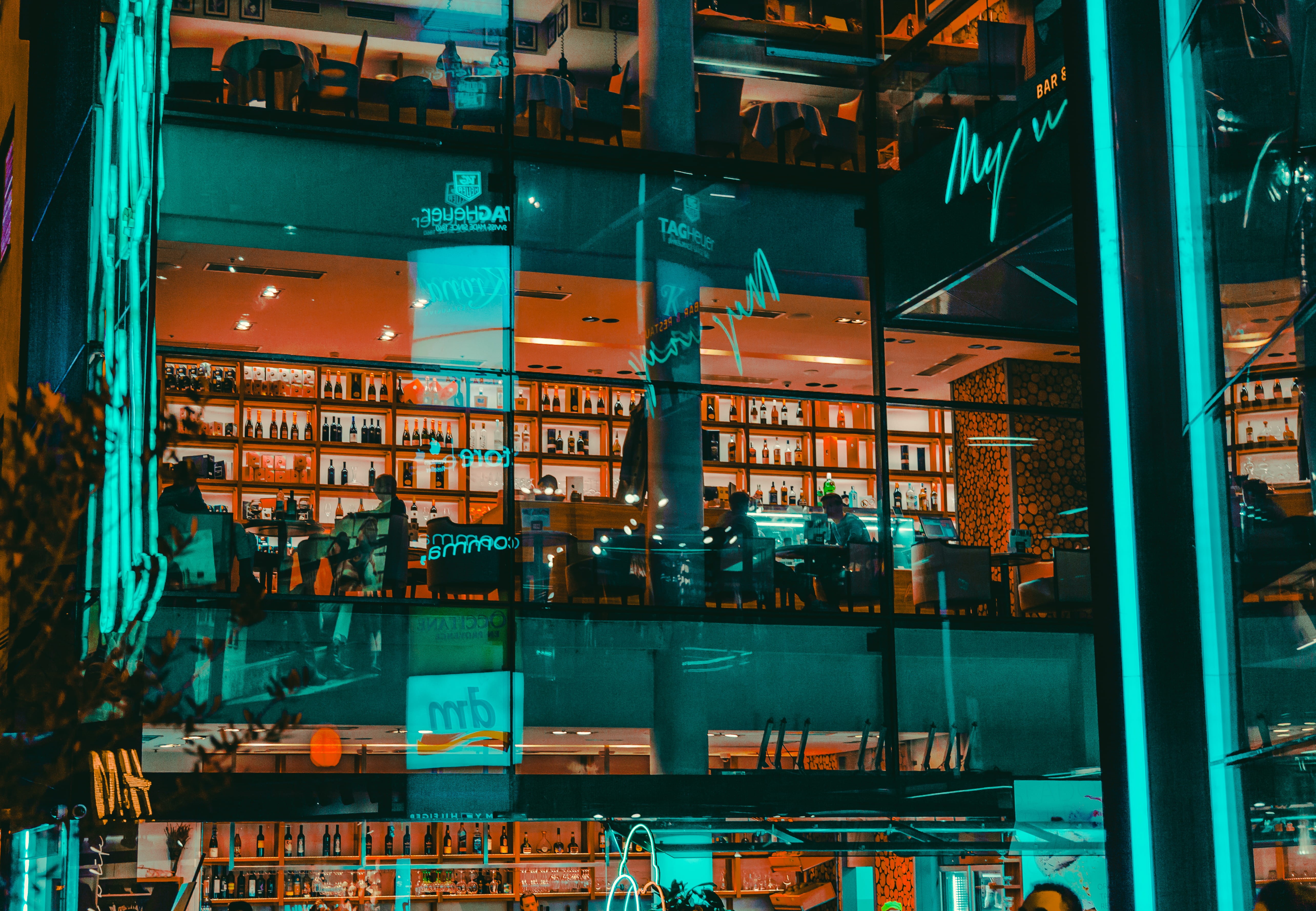 black, collage, full frame, abundance, no people, arrangement, time, illuminated, shop, reflection, pub, glass - material, city, furniture, building, night, HD Wallpaper
