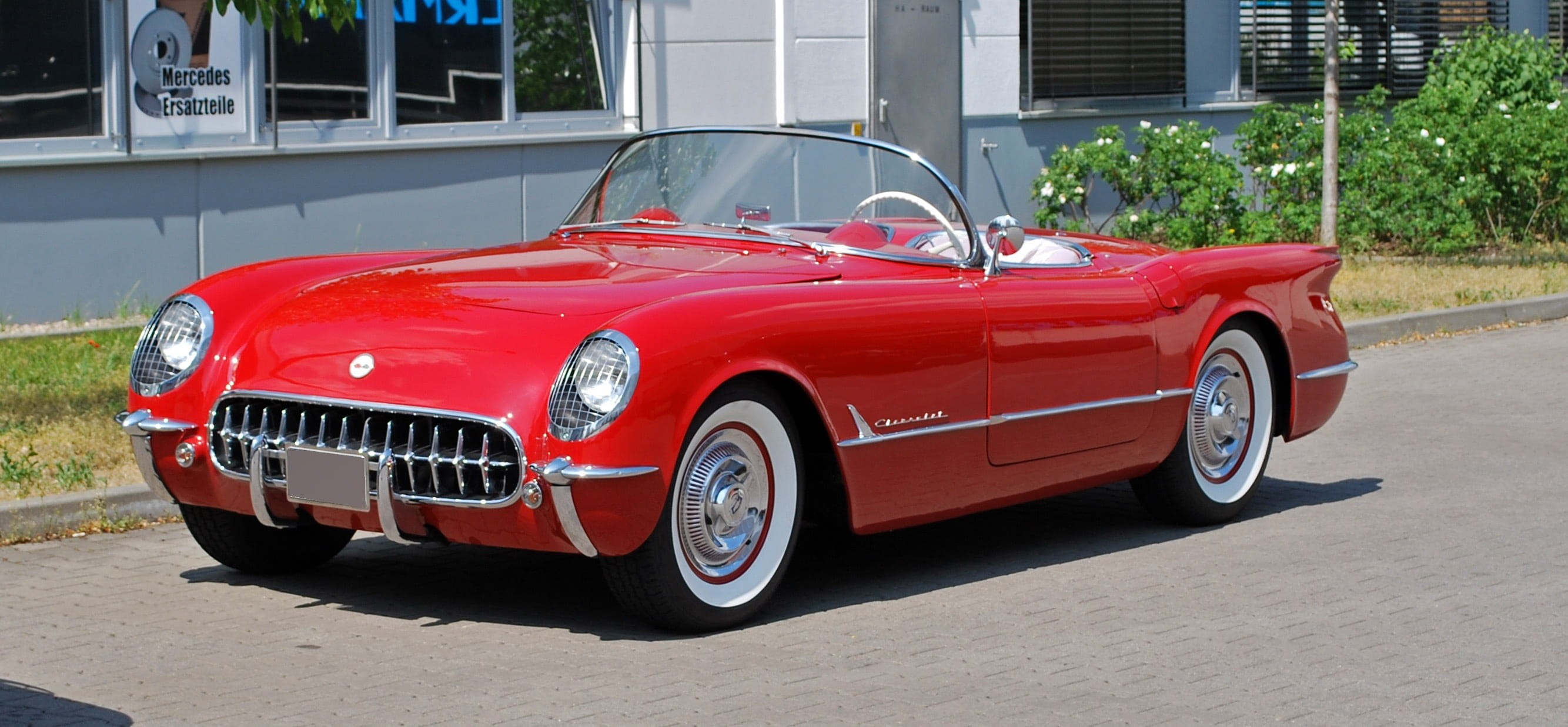 retro styled, transport system, chrome, car, auto, driving, building exterior, house, city, red, vintage car, motor vehicle, automotive, coupe, convertible, HD Wallpaper
