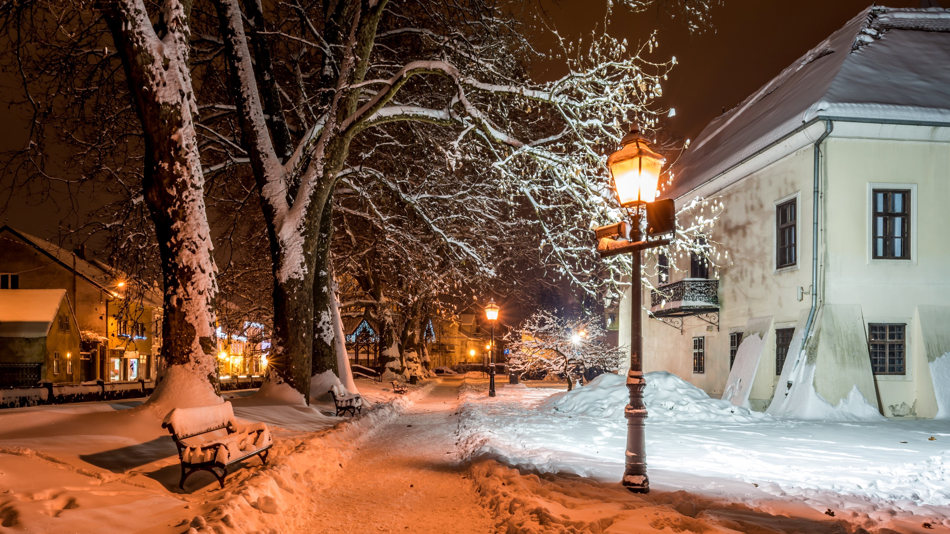 Lights, Zagreb, Croatia At Home, Snow, black, steel, 4K, Winter, Samobor, bench, HD Wallpaper
