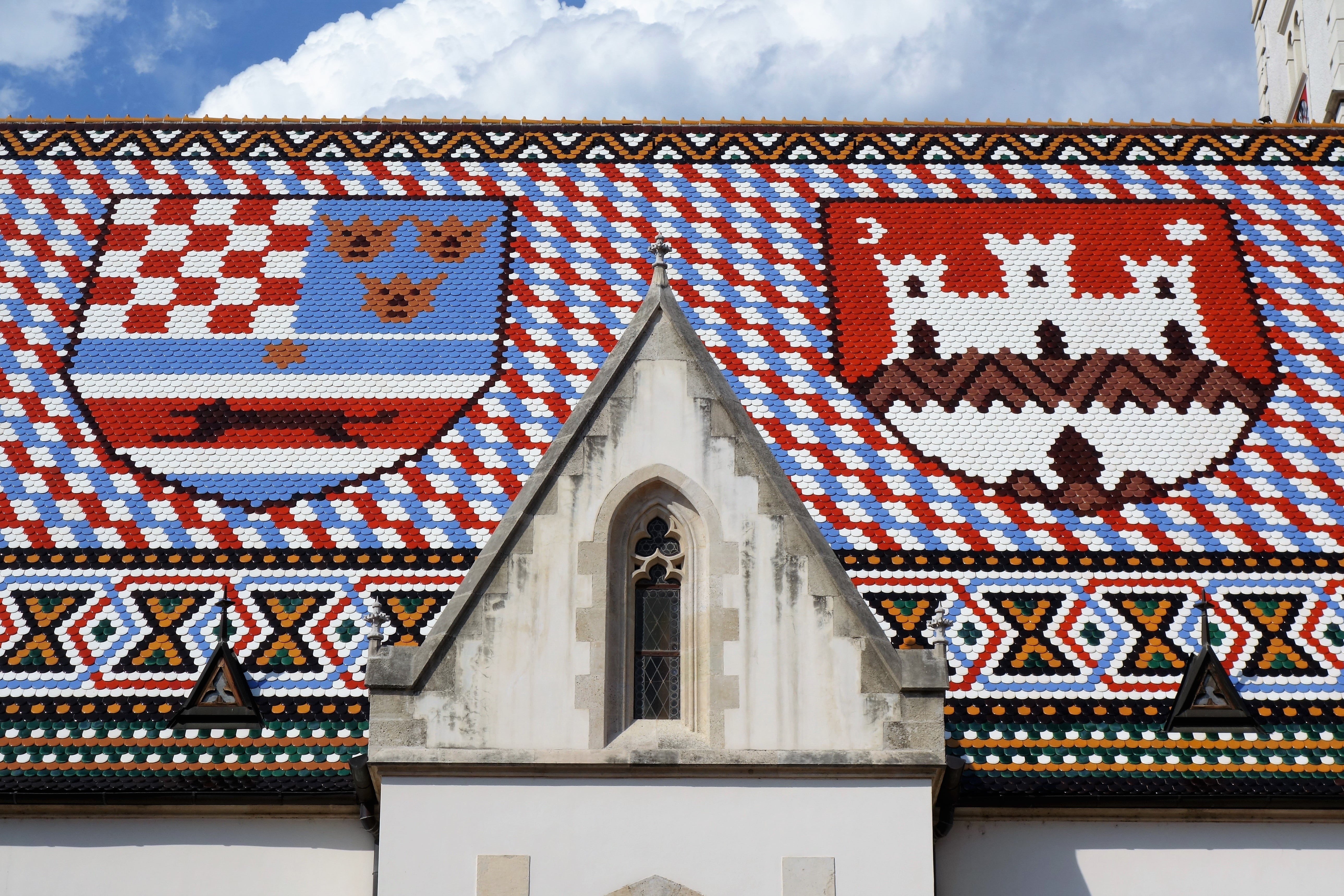 window, historical, floral pattern, shape, no people, day, triangle shape, monument, low angle view, zagreb, cloud - sky, built structure, roof tile, design, HD Wallpaper
