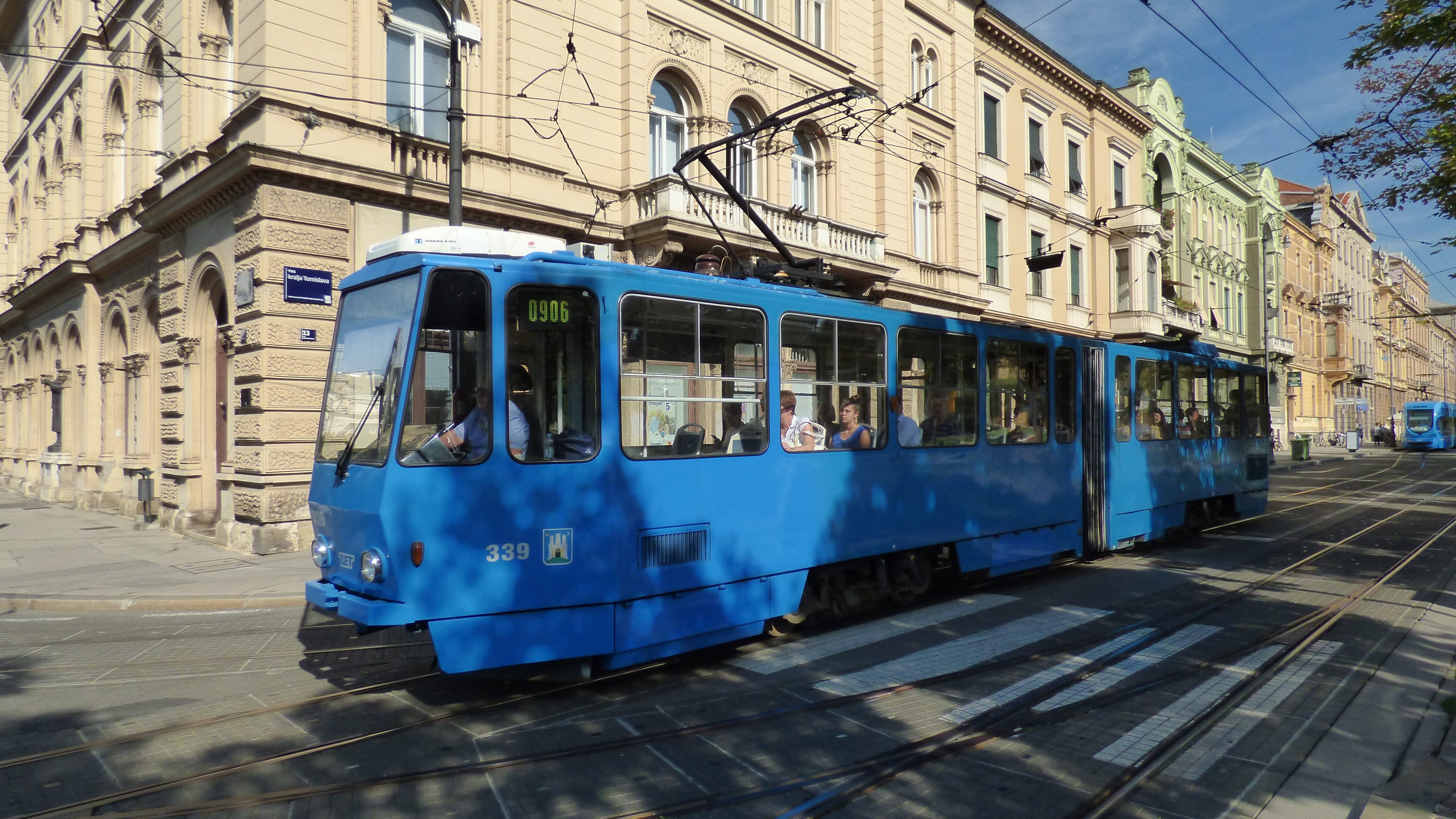 transportation, window, cable car, track, blue, nature, mode of transportation, architecture, building, 4K, street, streetcar, land vehicle, tram, built structure, HD Wallpaper