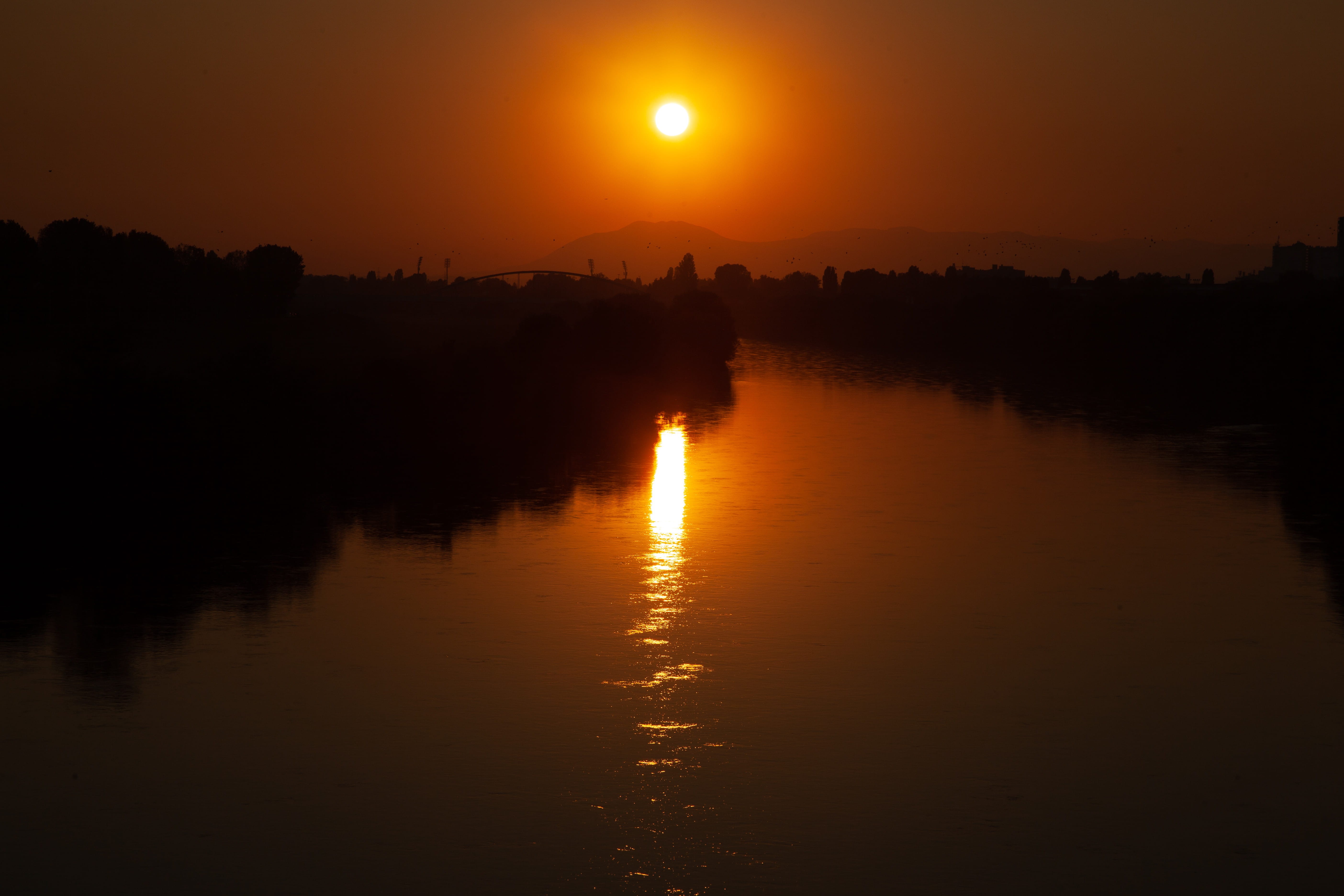 scenics - nature, sunset, idyllic, reflection, silhouette, tranquil scene, orange color, sky, 5K, sunlight, outdoors, nature, sun, no people, romantic sky, HD Wallpaper