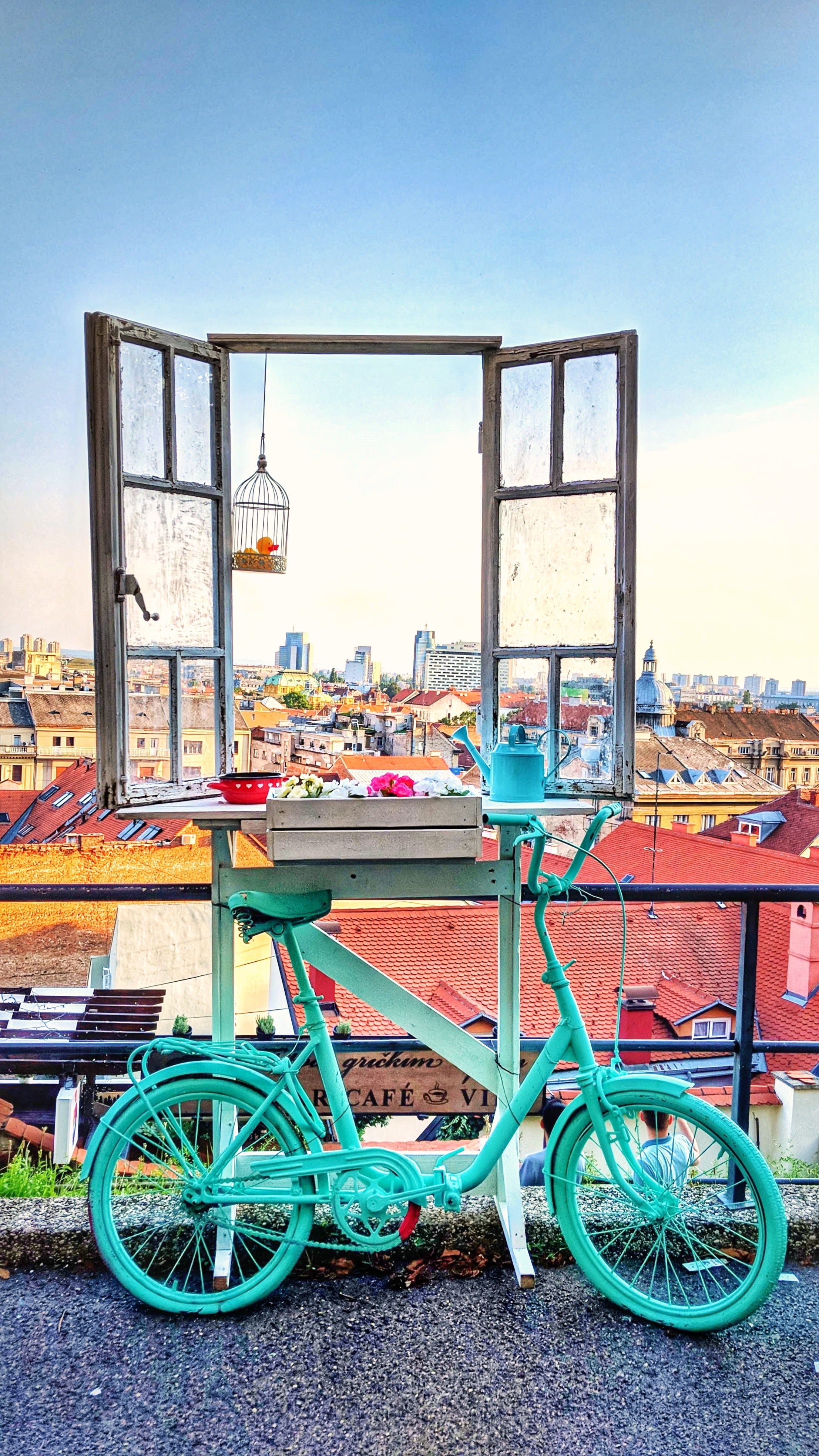 window, no people, nature, bicycle and window, building exterior, absence, clear sky, window view, zagreb croatia, croatia, bicycle, colors, margaretska ul. 3, Phone HD Wallpaper