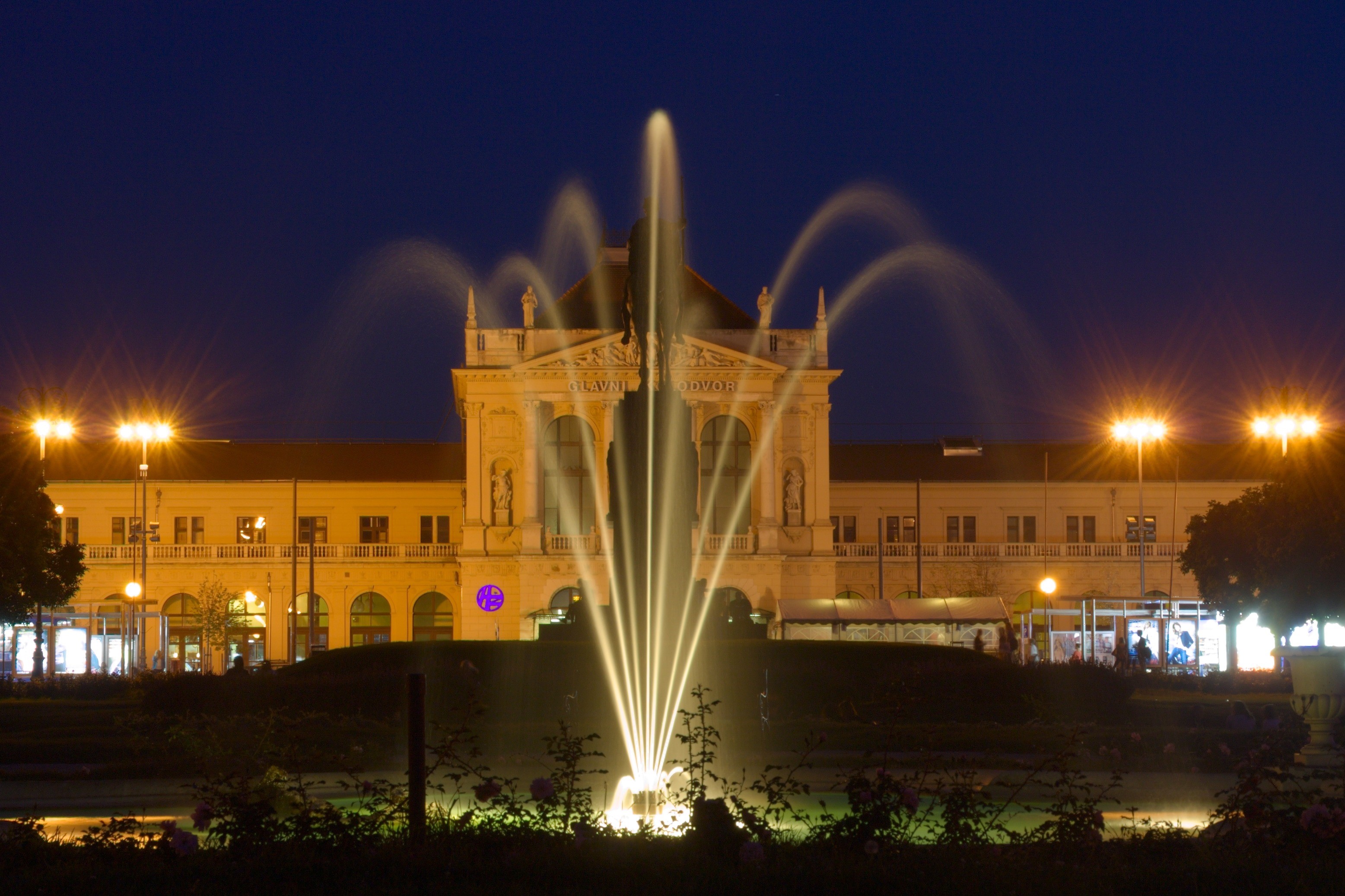famous Place, architectural column, water, history, turned, railway station, night, nature, travel destinations, no people, tree, building exterior, fountain, HD Wallpaper