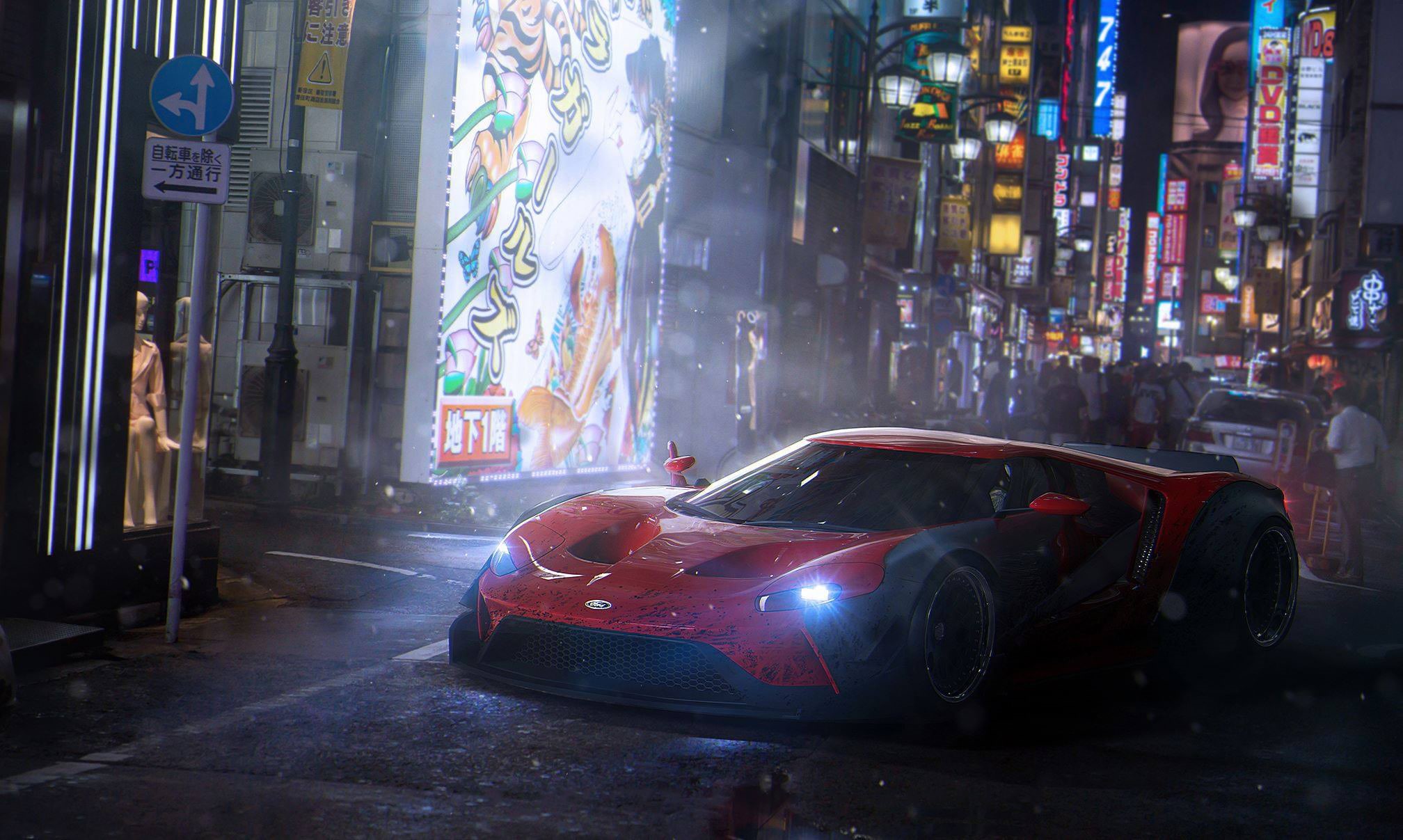 Tuning, Future, Tokyo, 1080P, Widebody, by Khyzyl Saleem, Red, Ford, HD Wallpaper