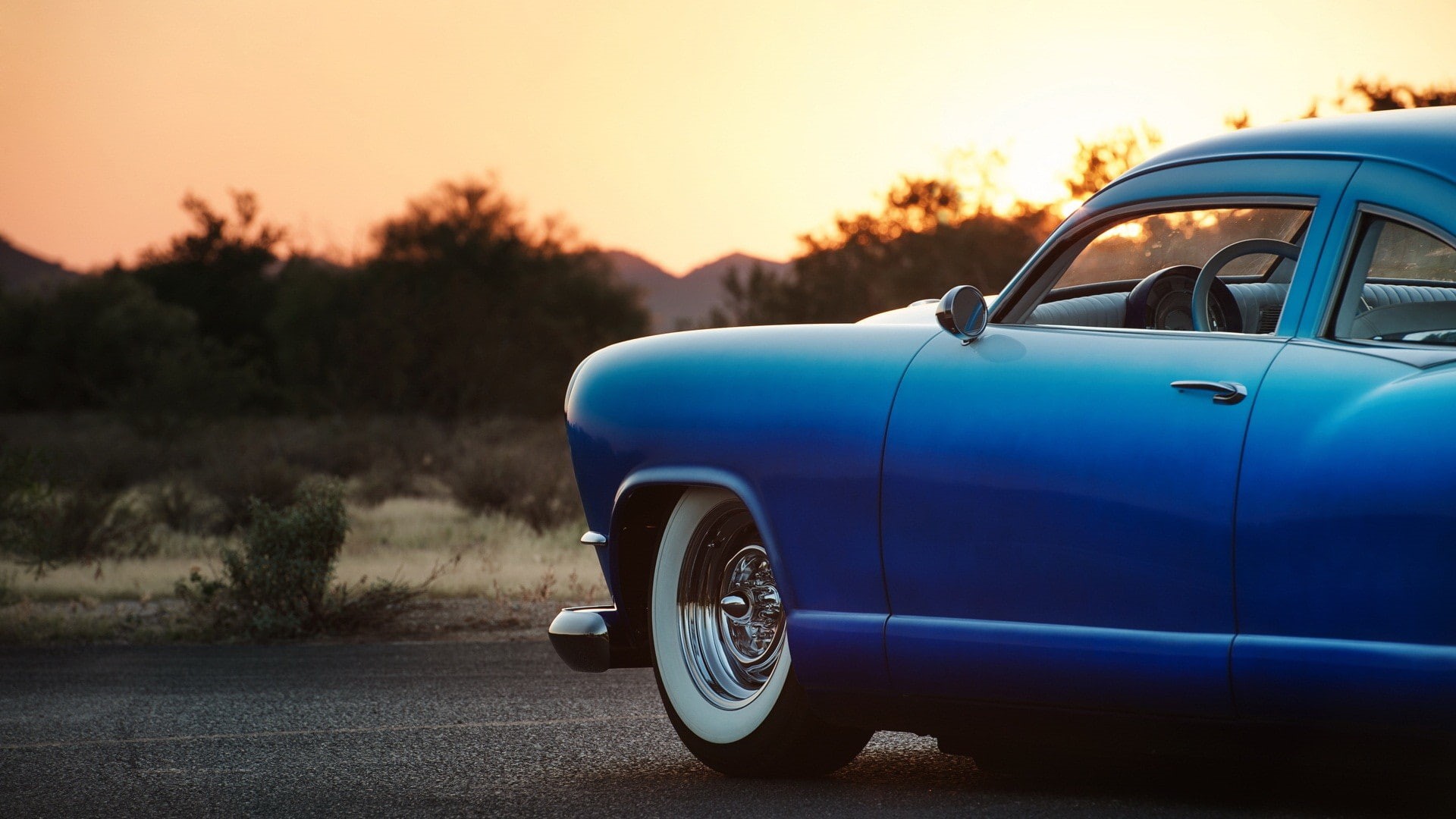 classic, sunset, cars, coupe, blue, car, 1080P, HD Wallpaper