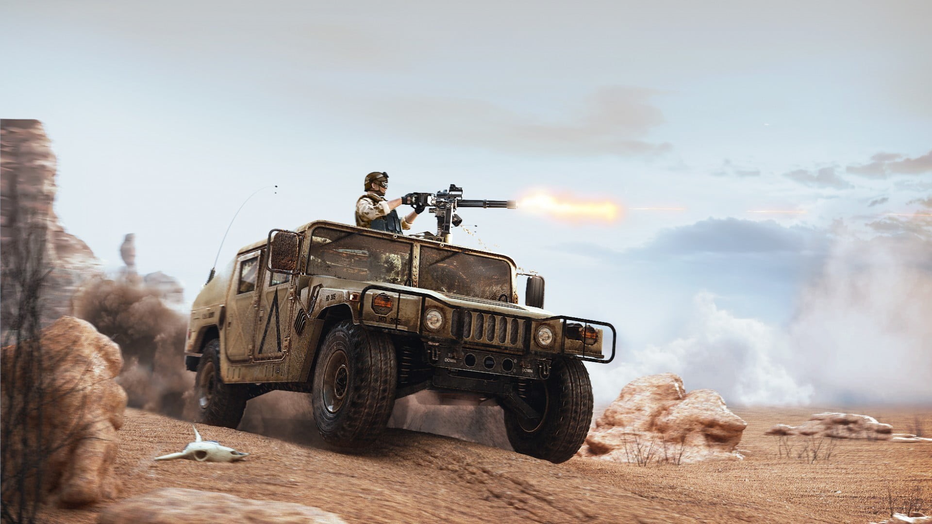 M134 Minigun, dust, minigun, desert, day, adult, armed forces, 1080P, rear view, transportation, weapon, car, black, men, armored tank, two people, mode of transportation, HD Wallpaper