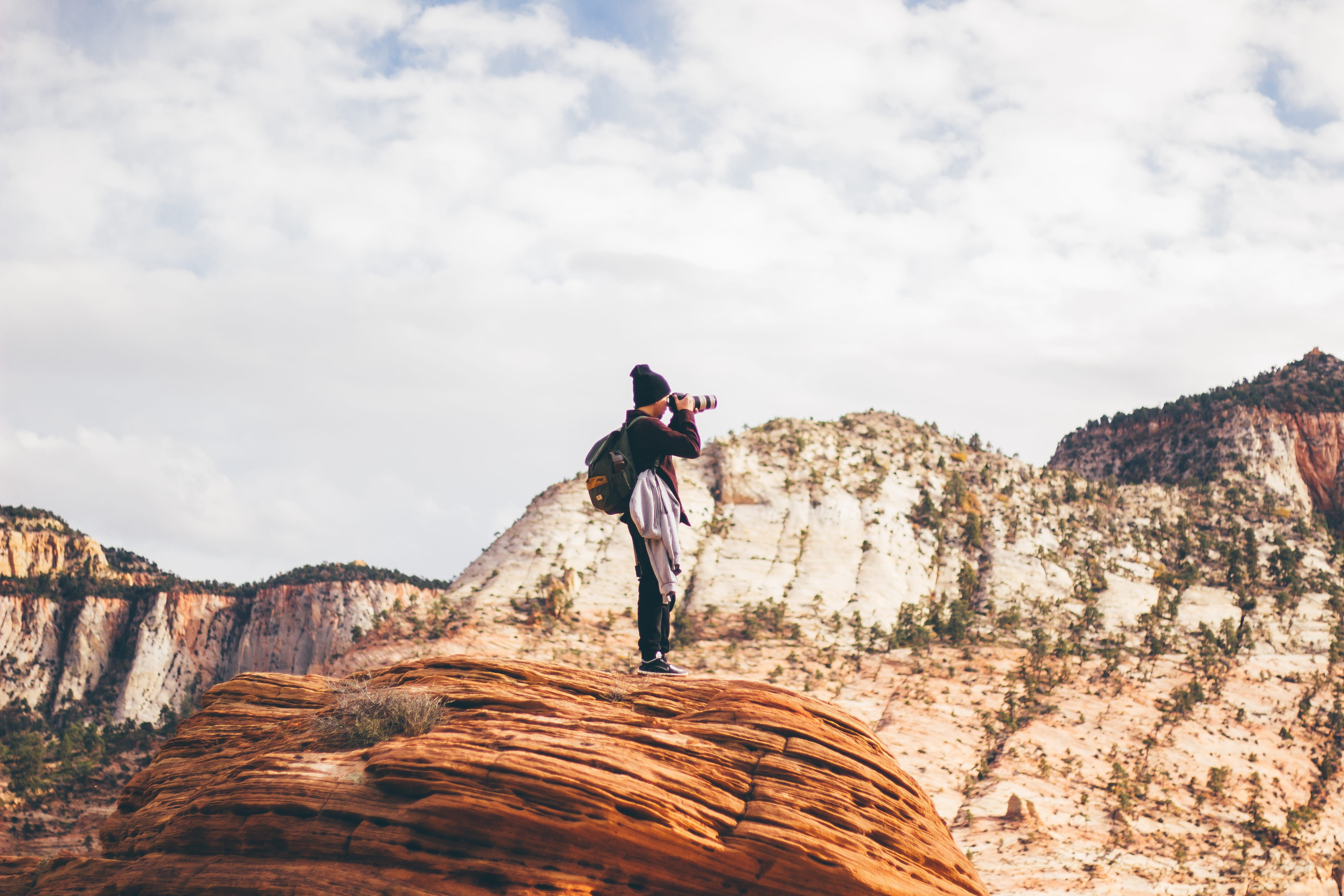 cloud - sky, daytime, leisure activity, adults only, casual clothing, full length, mountain, 5K, taking, black, holding, people, adventure, photographer, HD Wallpaper