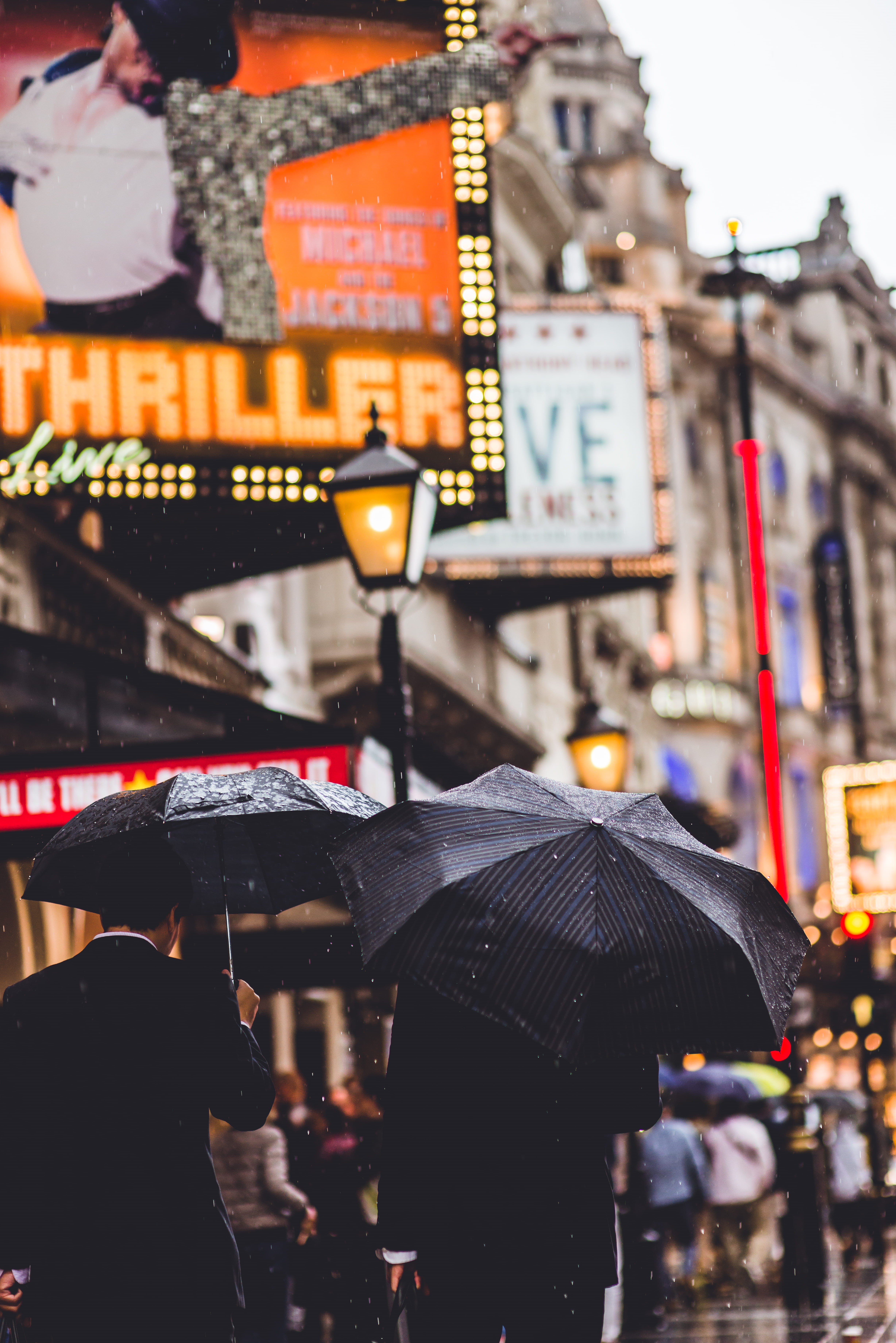 outdoors, city street, rainy season, umbrellas, incidental people, man, photo, people, focus on foreground, walking, city, rain, two, rear view, close, Phone HD Wallpaper