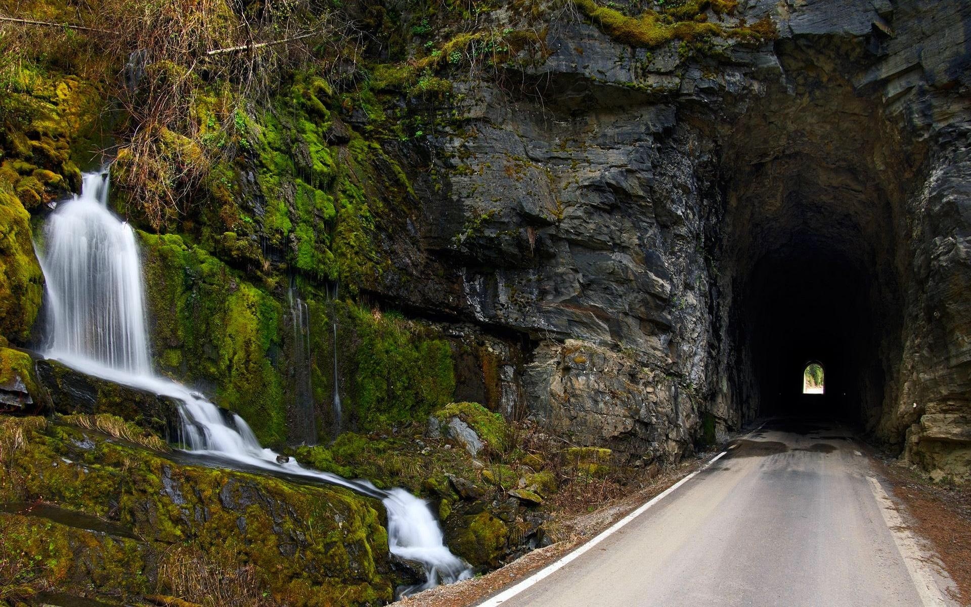 rock, waterfalls, road, beautiful, 1080P, 3d and abstract, entrance, tunnel, HD Wallpaper