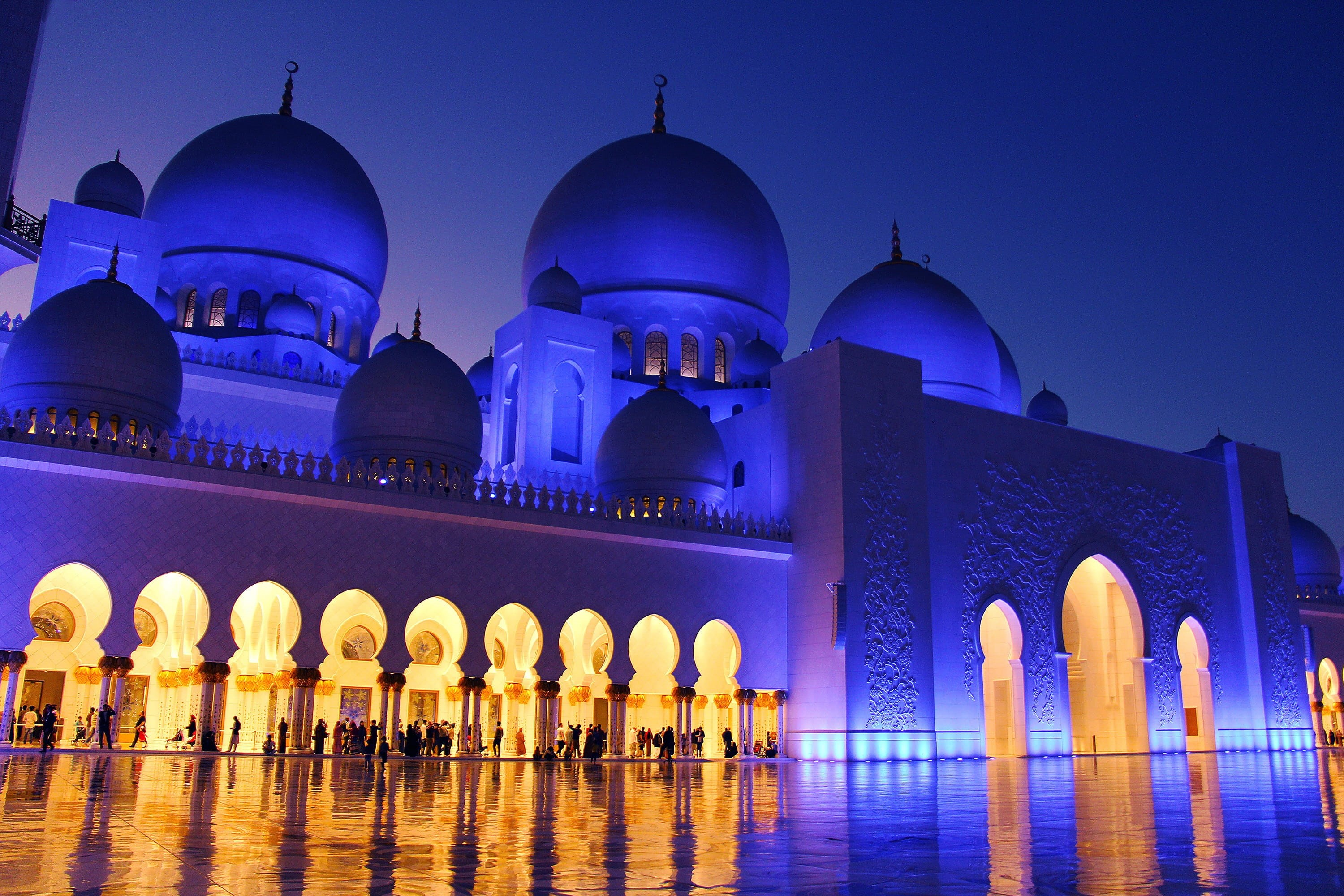 architecture, place of worship, tourism, culture, travel, no people, building, religious, dome, building exterior, illuminated, pray, uae, tiled floor, HD Wallpaper