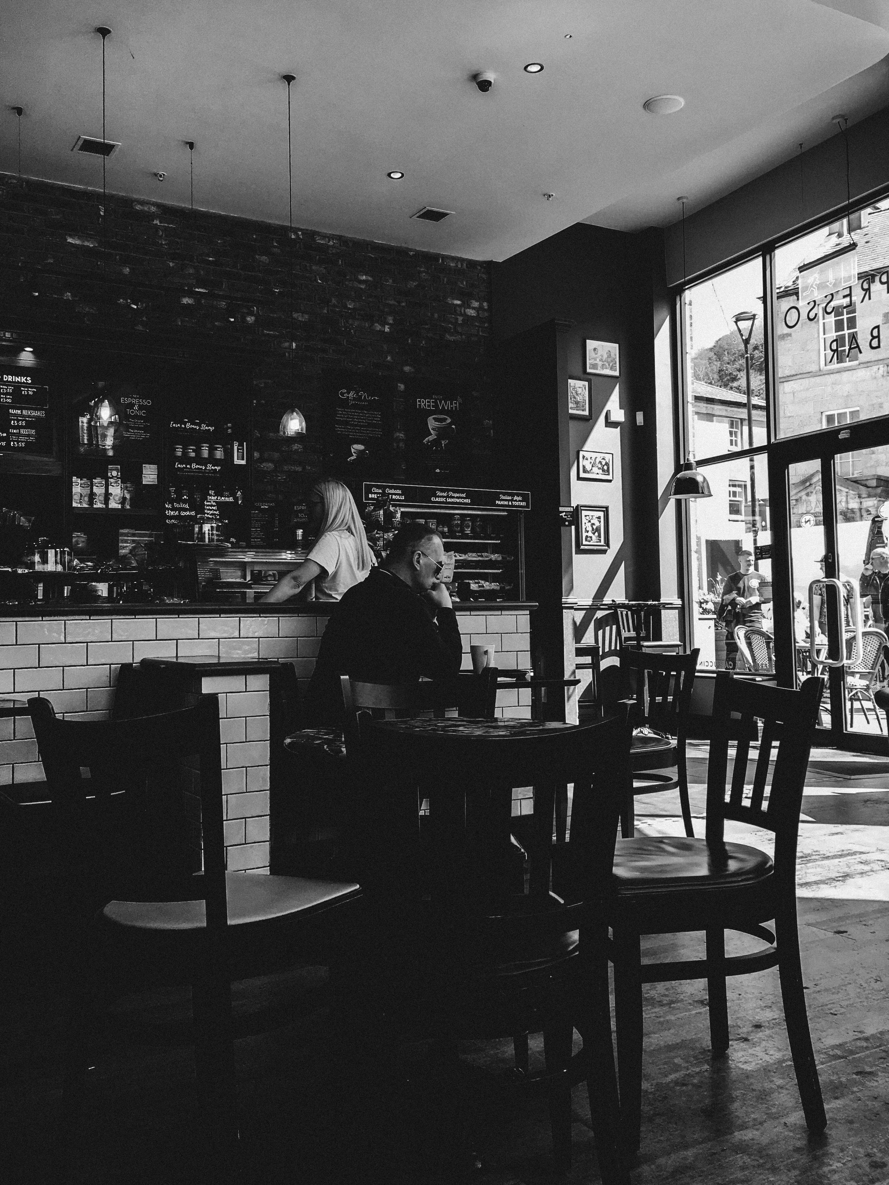 seats, built structure, bar cafe, architecture, men, lifestyles, cafe, leisure activity, chairs, cup, communication, people, wear, bar counter, one person, Phone HD Wallpaper