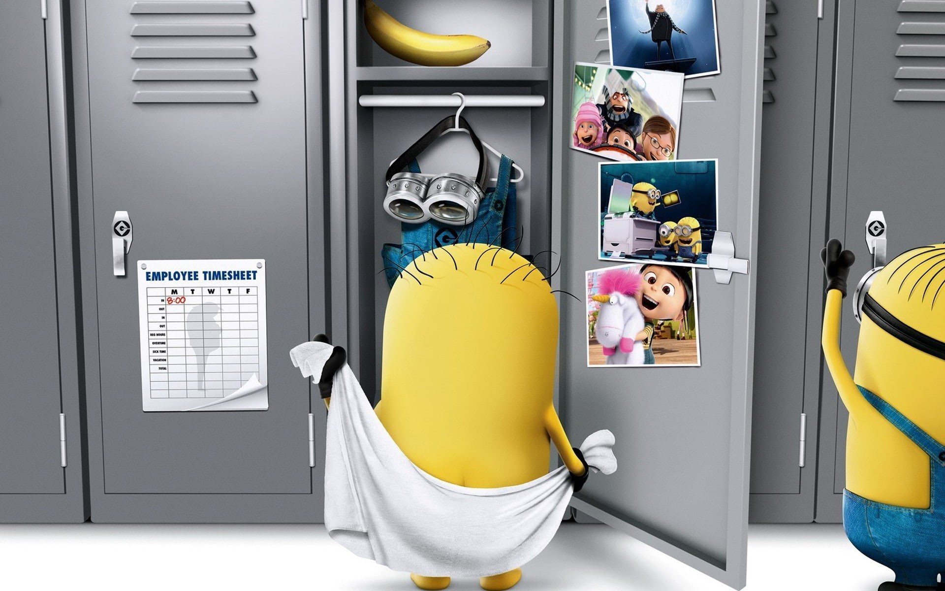 animated movies, bananas, unicorns, 1080P, movies, locker room, minions, digital art, lockers, overalls, Despicable Me, eye guards, HD Wallpaper