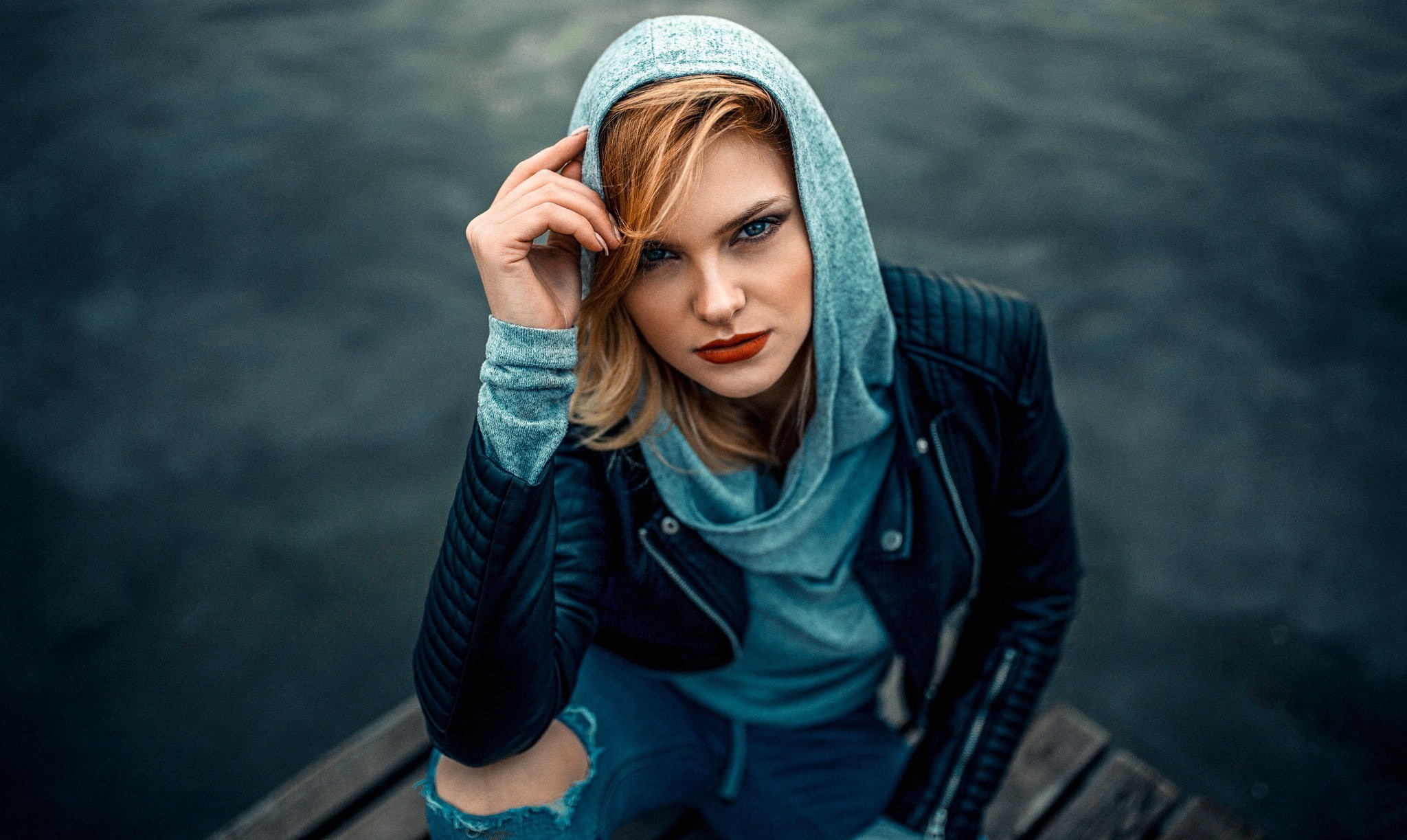 clothing, one person, Damian Piórko, portrait, dark, adult, depth of field, 1080P, hood - clothing, pants, lifestyles, hair, torn jeans, leather jackets, HD Wallpaper