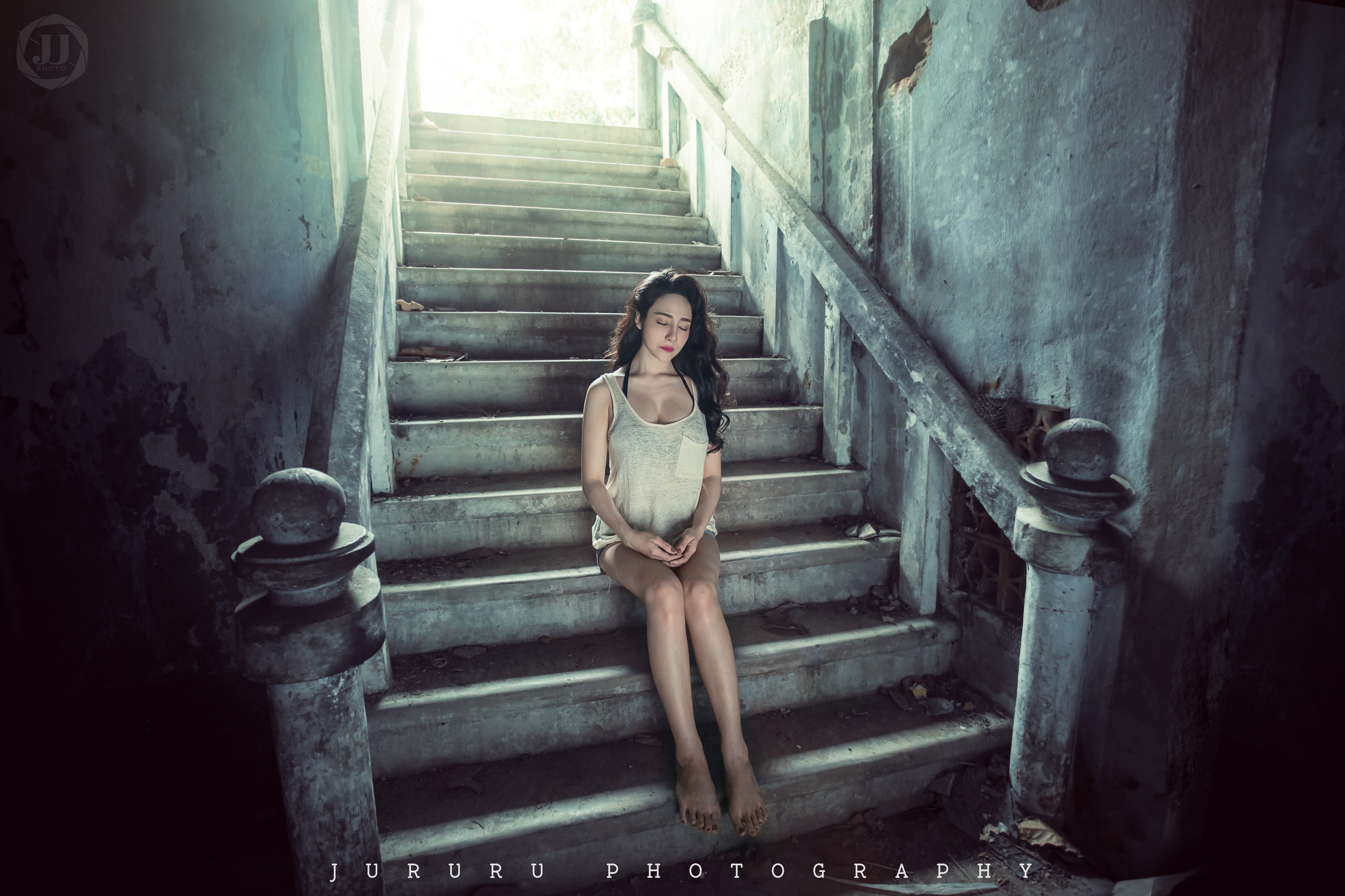 building, dirty, ruined, beautiful woman, Asian, indoors, young adult, built structure, hairstyle, 5K, depression - sadness, sadness, abandoned, staircase, HD Wallpaper