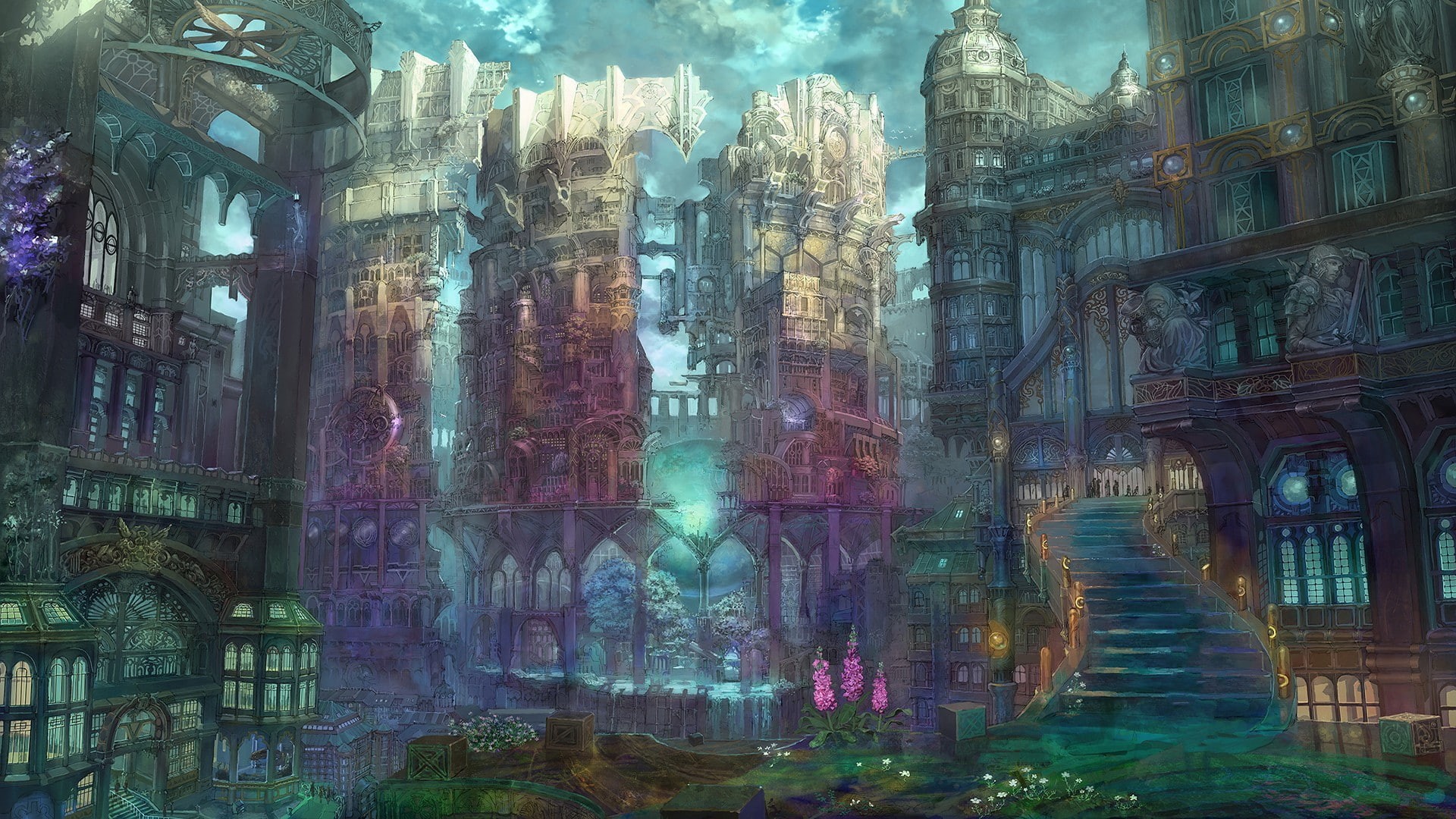 anime, fantasy city, 1080P, fantasy art, staircase, cityscape, HD Wallpaper